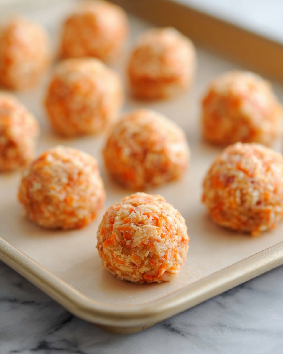 The image shows several round, orange and white balls made with shredded pieces and small chunks, arranged evenly in rows on a baking tray with a light beige color and smooth texture. Each ball has a rough surface, mixing the light orange and creamy white colors tightly, giving a moist but firm look. The baking tray sits on a white marbled surface, with soft, natural light highlighting the texture and colors of the balls, while the background is blurred for focus. Photo taken with an iphone --ar 4:5 --v 7