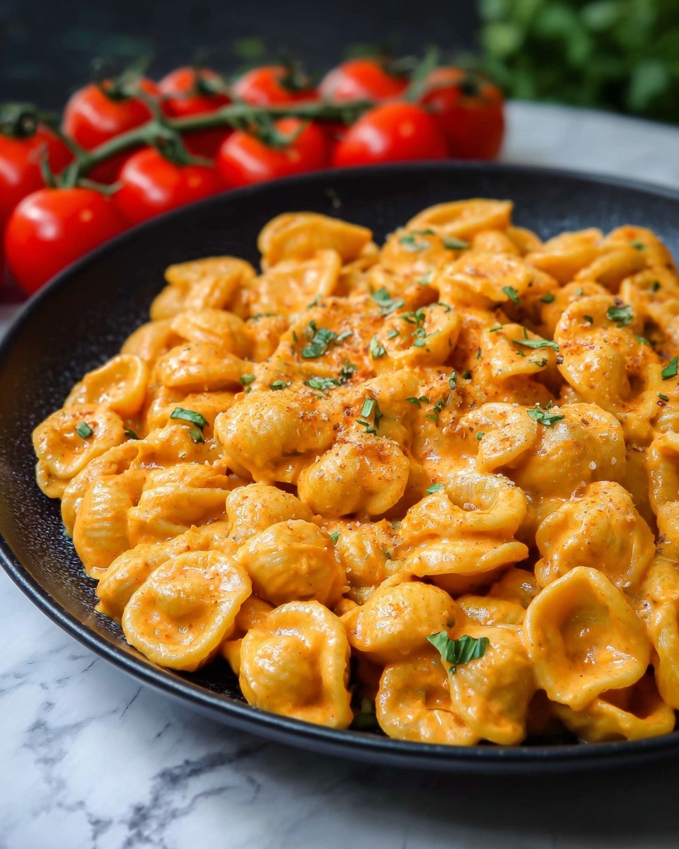 A close-up of a black plate filled with a single layer of small round pasta shells covered in a creamy orange sauce. The sauce looks smooth and thick, coating each pasta piece evenly. Small green herb pieces are scattered on top, adding a fresh contrast to the warm orange color. In the background, a bunch of red cherry tomatoes on the vine is placed slightly out of focus. The plate sits on a white marbled surface. Photo taken with an iphone --ar 4:5 --v 7