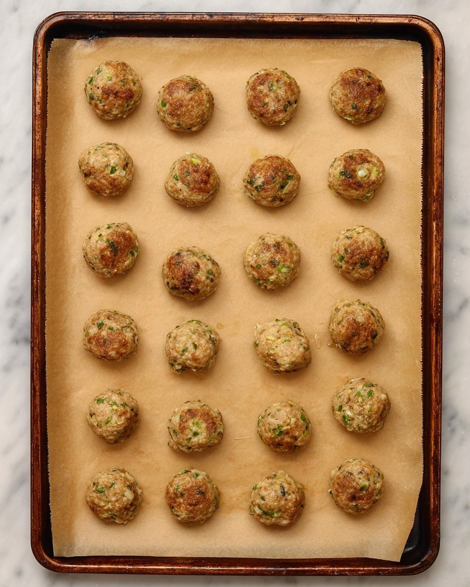 This image shows a baking tray lined with light brown parchment paper, holding 20 evenly spaced, round meatballs arranged in four rows and five columns. Each meatball has a golden-brown surface with small green and white bits visible throughout, indicating herbs and onions or similar ingredients. The tray with the parchment paper rests on a white marbled surface, and the meatballs appear cooked with a slightly rough, textured exterior. photo taken with an iphone --ar 4:5 --v 7