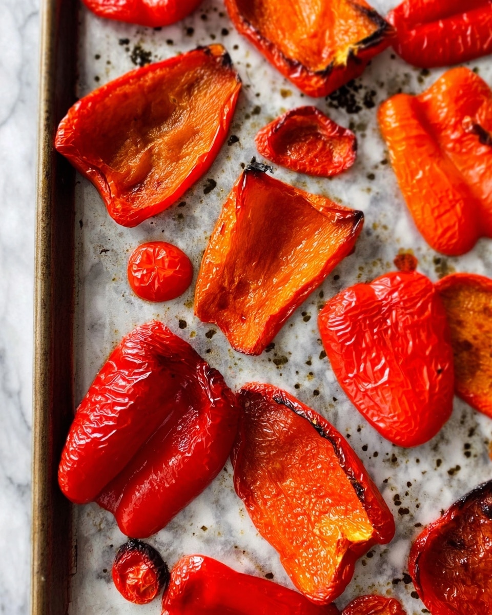 The image shows several pieces of roasted red bell pepper laid out on a baking tray with a slightly spotted surface. Each piece is a different size and shape, with skins that are wrinkled and shiny from roasting. The peppers have a vibrant red to orange color with some dark charred edges, showing the cooked texture. Some small, round pepper pieces are also visible, all scattered evenly across the tray. The surface under the tray has a white marbled look. photo taken with an iphone --ar 4:5 --v 7