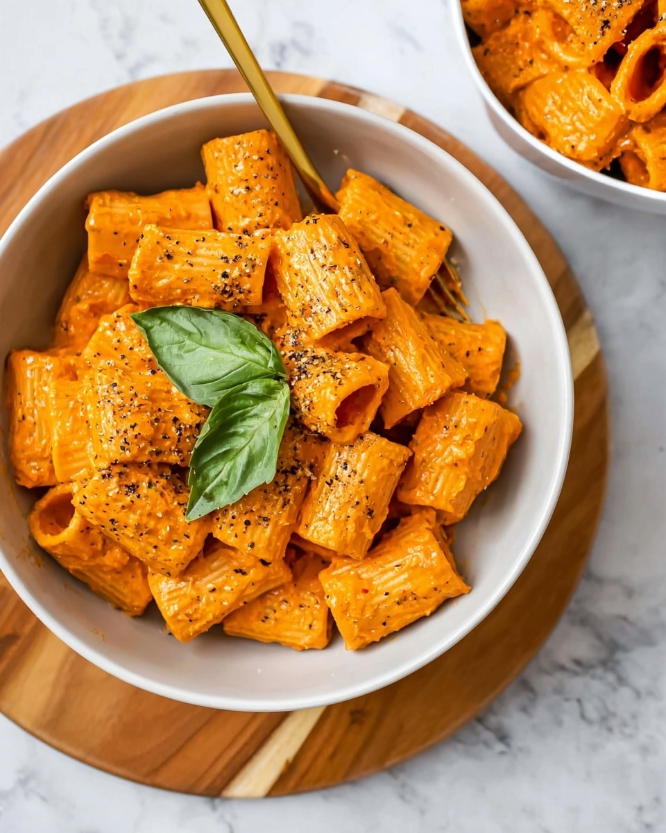 A white bowl filled with rigatoni pasta fully covered in a thick smooth orange sauce, topped with a sprinkle of black pepper and two fresh green basil leaves in the center. The pasta pieces show ridged texture and hollow centers, and a golden fork rests on the right side inside the bowl. The bowl is placed on a round wooden board on a white marbled surface. A partial second white bowl with the same pasta is visible at the top right corner. Photo taken with an iphone --ar 4:5 --v 7