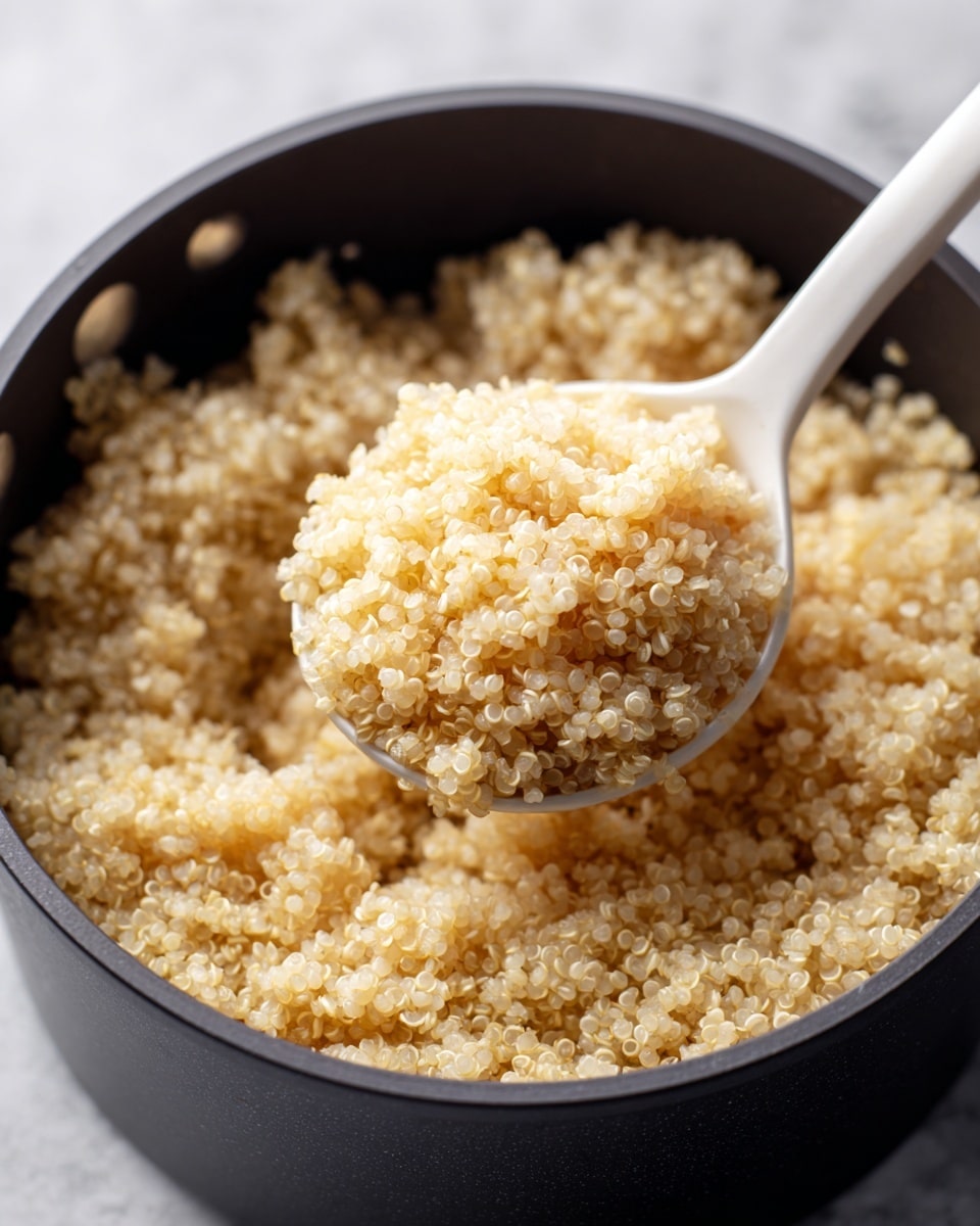 The image shows a close-up view of a black cooking pot filled with cooked quinoa. The quinoa is light yellow and fluffy with small round grains tightly packed together. A white plastic spoon scoops up a portion of the quinoa from the center, with the spoonful showing the separate grains clearly. The background has a white marbled texture visible near the edges of the pot. photo taken with an iphone --ar 4:5 --v 7