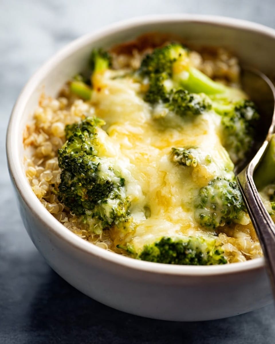 A close-up of a dish in a white bowl with a spoon inside it, showing a mix in three main layers: the base layer with small, light brown grains, the middle layer with bright green broccoli florets, and the top layer with melted, light yellow cheese that covers the broccoli unevenly with a slightly bubbly texture. The white marbled surface is out of focus in the background. photo taken with an iphone --ar 4:5 --v 7
