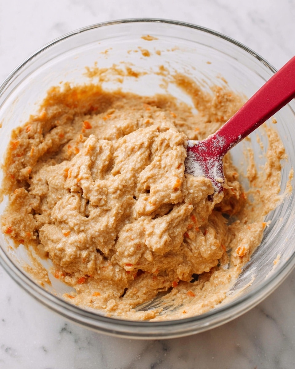 A clear glass bowl holds a thick, rough-textured mixture that looks like batter with small chunks of orange pieces mixed throughout. The batter is light brown with visible bits that give it a slightly grainy appearance. A red spatula, dusted with flour, is partially submerged on the right side, stirring the batter. The background and surface beneath the bowl are white marbled texture. Photo taken with an iphone --ar 4:5 --v 7