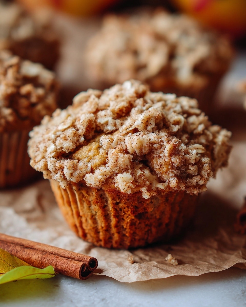 A close-up view of a single muffin with a crumbly oat topping showing rough, small clusters in light brown and beige shades. The muffin has a golden-brown textured base with visible grains and a warm, soft appearance. It rests on crumpled brown paper on a white marbled surface. In the foreground, a cinnamon stick lies next to a slightly green and yellow leaf. The background is soft with blurred shapes of more muffins in warm brown tones. Photo taken with an iphone --ar 4:5 --v 7