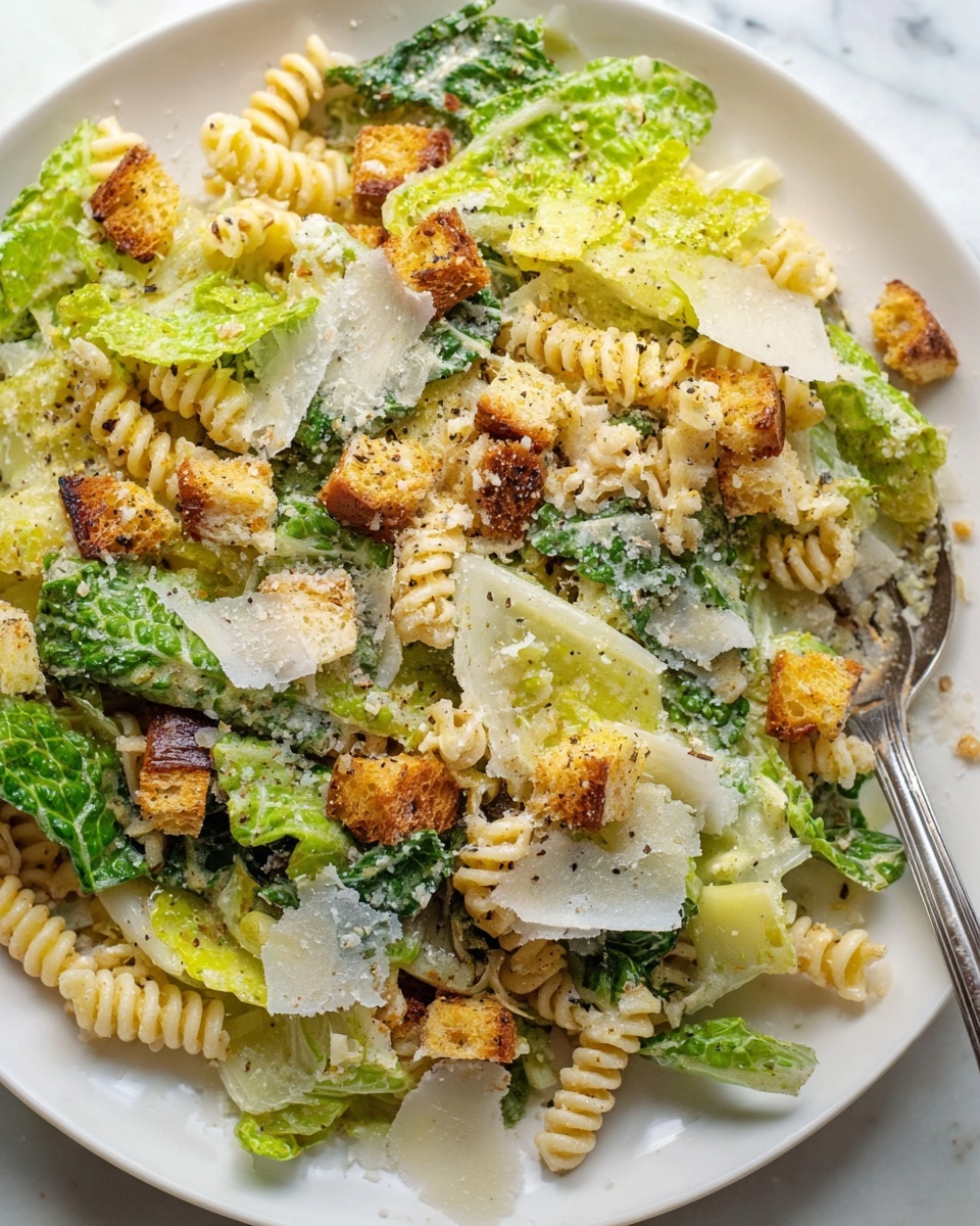 A close-up of a white plate filled with a layered dish starting with a base of spiral pasta in a pale yellow color. On top, there are vibrant green and light yellow romaine lettuce leaves mixed throughout. Scattered over the salad are medium to large croutons with a toasted golden brown and slightly darker texture. Thin, white Parmesan cheese shavings are layered on top, along with a soft sprinkling of grated cheese and a light dusting of black pepper, giving a slightly speckled look. The plate sits on a white marbled surface with a silver fork visible at the edge of the plate. Photo taken with an iphone --ar 4:5 --v 7