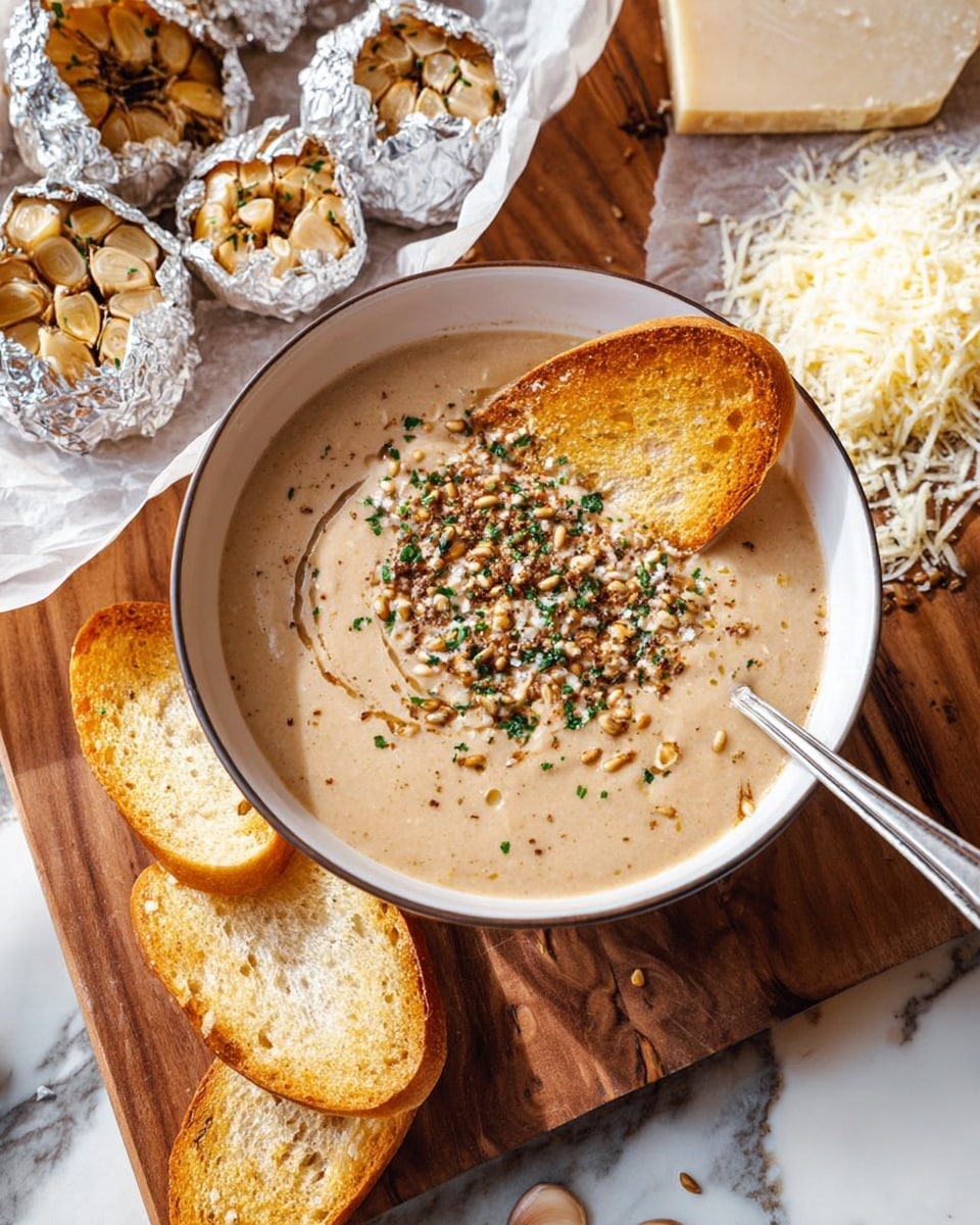 A bowl of creamy beige soup topped with a pile of mixed seeds and herbs, with a toasted thin bread slice partially dipped into the soup near the center. The soup bowl is white with a thin darker rim, placed on a wooden cutting board. Around the bowl, there's a piece of parchment paper with toasted garlic bulbs wrapped in foiled paper, whole and halved, showing caramelized cloves inside. To the right, a large chunk and a small pile of white shredded cheese are on the cutting board. Several toasted bread slices with a golden crust are scattered near the bowl. The scene is set on a white marbled surface with soft natural light. photo taken with an iphone --ar 4:5 --v 7