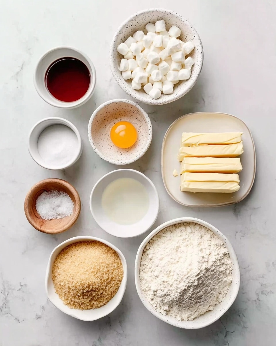 The image displays nine small bowls of ingredients arranged neatly on a white marbled surface. Starting from the top left: a small white bowl with dark red liquid, a larger white bowl filled with tiny white marshmallows, a white speckled bowl holding a raw egg yolk in the center, a white bowl with light tan chunks of a solid ingredient, a white bowl with plain white granulated sugar below the liquid bowl, another small white bowl with clear liquid below the egg yolk, a larger white bowl filled with light brown soft sugar near the bottom left, a larger white bowl filled with white flour at the bottom right, and a white plate holding three thick sticks of butter cut in rectangular shapes near the bottom left corner. A small wooden salt bowl with coarse salt is placed between the butter and flour. The setup looks clean and well organized, perfect for baking. photo taken with an iphone --ar 4:5 --v 7