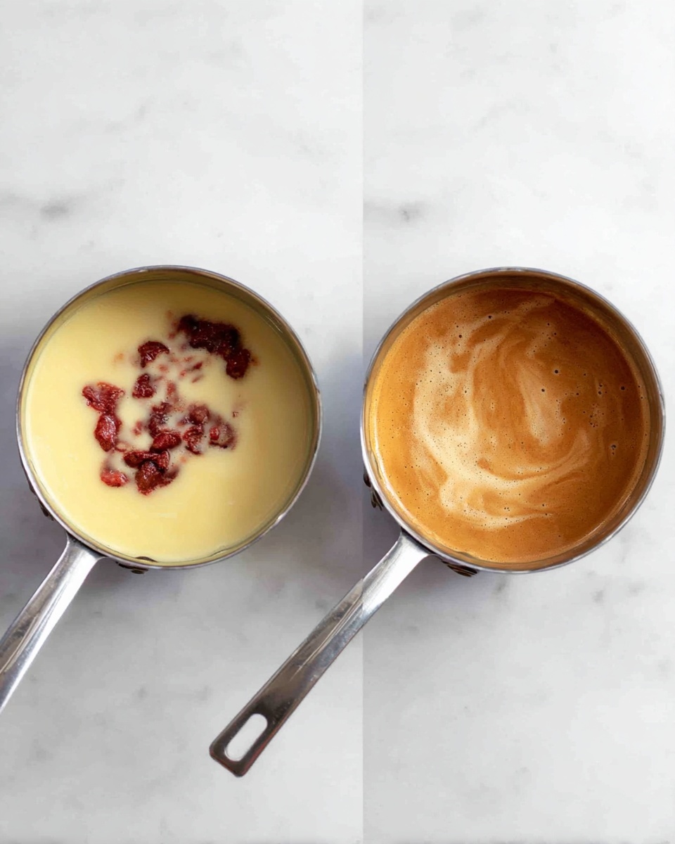 The image shows two small metal saucepans with handles on a white marbled surface. The saucepan on the left contains a creamy light yellow liquid with a few dark red chunks floating on top, giving a textured appearance. The saucepan on the right holds a smooth, light brown liquid with a marbled swirl pattern on the surface. Both liquids look hot and well mixed, filling most of each saucepan. photo taken with an iphone --ar 4:5 --v 7