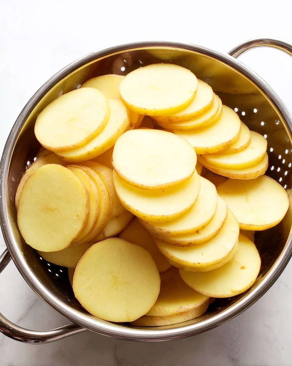 The image shows a close-up of several layers of thinly sliced yellow potatoes arranged neatly inside a silver metal colander. The potato slices are stacked in a slightly overlapping pattern, filling most of the colander and showing smooth, round edges with some small brown spots on the skin. The colander sits on a white marbled textured surface, and part of its handle is visible on the bottom left side. The image is bright and clear, capturing the fresh, clean look of the potato slices. photo taken with an iphone --ar 4:5 --v 7