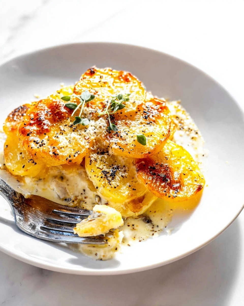 The dish shows a white plate with a stack of round, golden baked slices arranged in two layers. The top layer has melted cheese with small browned spots and is sprinkled with black pepper and small green herb leaves. The bottom layer can be seen peeking out with a creamy white sauce coating the slices. There is a silver fork resting on the left side of the plate, placed on a white marbled surface. The light highlights the smooth and slightly crispy texture of the dish, making it look warm and fresh. photo taken with an iphone --ar 4:5 --v 7