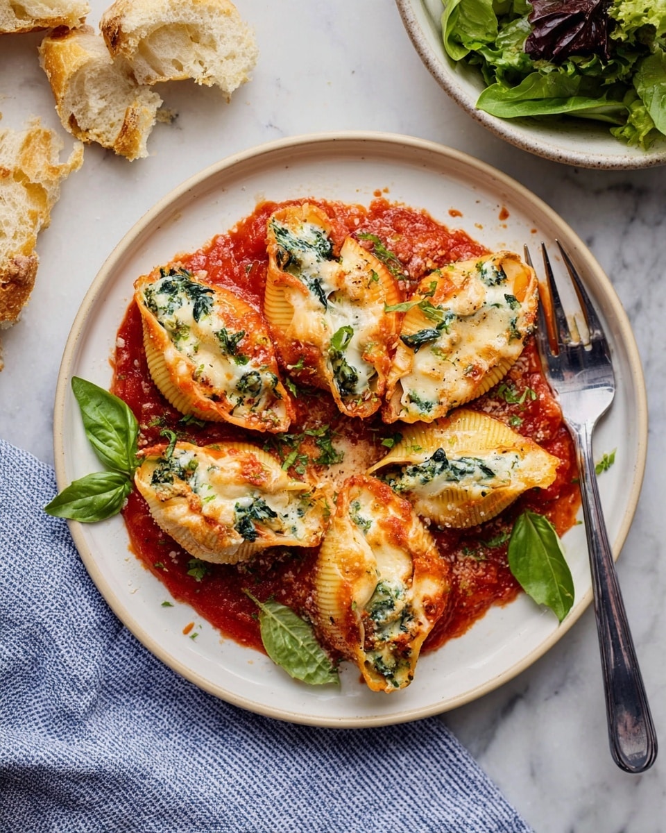 On a round white plate, there are five large pasta shells that are stuffed with a creamy white cheese and green spinach filling, layered neatly inside each shell. The shells sit on a thick layer of bright red tomato sauce spread evenly across the plate. Each pasta shell is topped with melted, slightly browned cheese and sprinkled with small green herbs. Fresh green basil leaves are placed on and around the shells as garnish. A metal fork is resting on the right side of the plate. The plate is set on a white marbled surface with some pieces of torn crispy bread on the upper left and a bowl of mixed green leaves on the upper right corner. A blue and white striped cloth is partially visible at the bottom left photo taken with an iphone --ar 4:5 --v 7