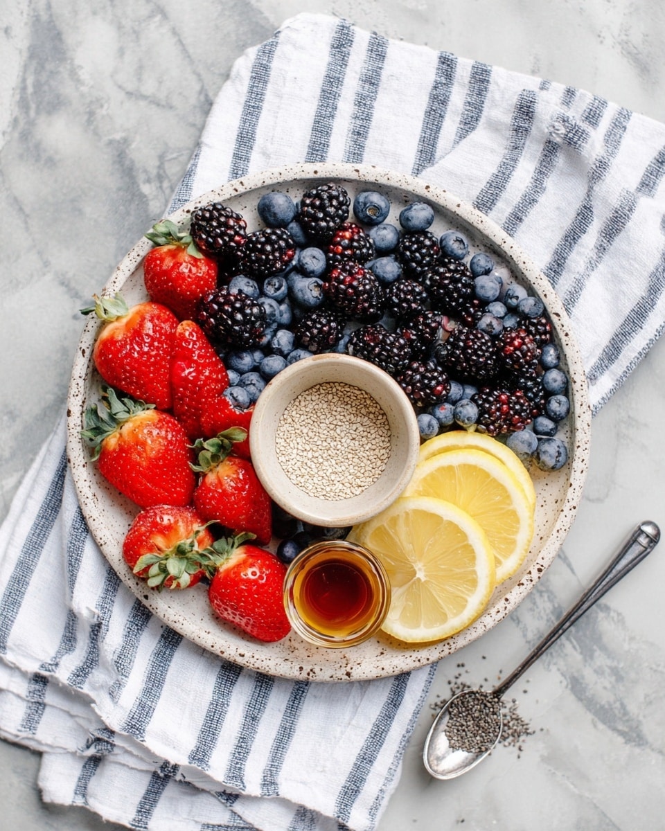 A white speckled plate rests on a white and blue striped cloth over a white marbled surface. On the plate, three layers of ingredients are arranged: the outer layer is a mix of fresh dark blackberries and blue blueberries, clustered closely around the edge. Just inside this fruit circle, there are bright red strawberries, some whole and some sliced in half showing their juicy insides. Near the center, a halved lemon with its light yellow flesh faces up, adding a fresh contrast. At the very center, there is a small beige bowl filled with white seeds, and next to it, a smaller white bowl holds a dark golden syrup. A silver spoon with more seeds lies on the marbled surface beside the plate. Photo taken with an iphone --ar 4:5 --v 7