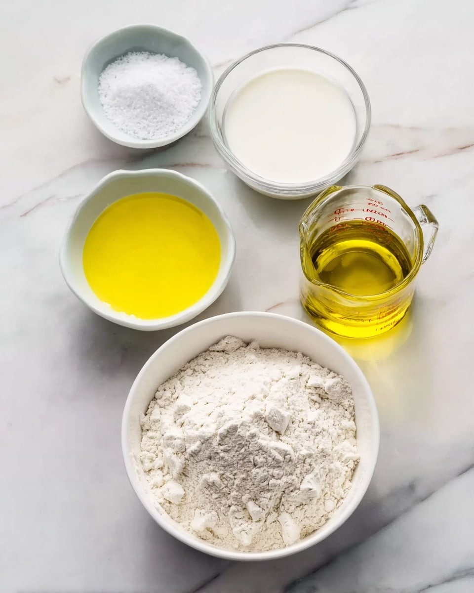 The image shows five bowls with different ingredients on a white marbled surface. The largest bowl in front is white and filled with a mound of white flour with a slightly rough texture. To the right of this bowl is a clear glass measuring cup filled with light yellow oil that looks smooth. Behind the flour bowl, slightly to the right, is another clear glass measuring cup filled with white milk. To the left of the milk cup is a white bowl with a bright yellow liquid that looks like melted butter or oil. Behind this yellow bowl is a small white bowl filled with white granulated salt. Photo taken with an iphone --ar 4:5 --v 7