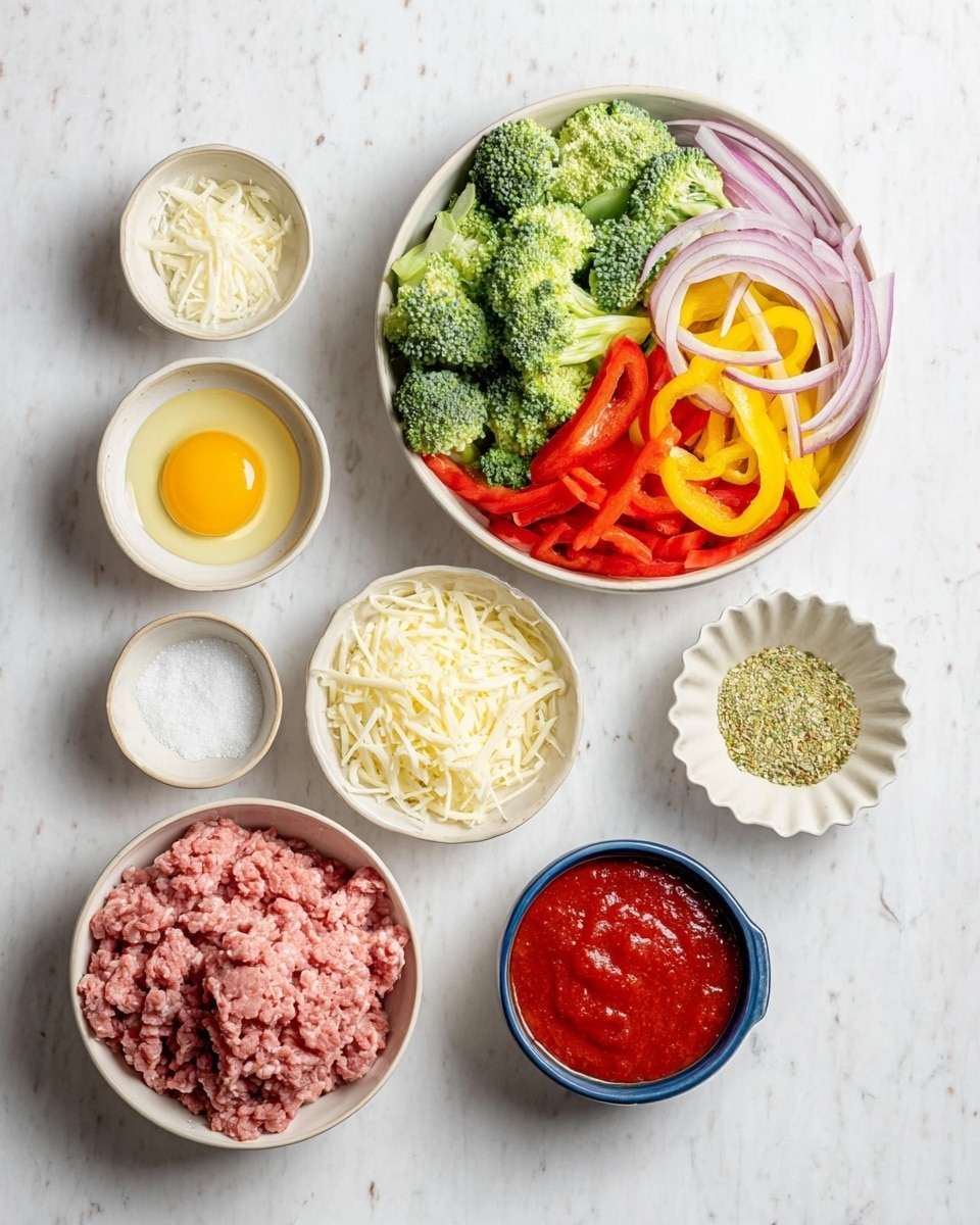The image shows seven small white bowls with different ingredients arranged on a white marbled surface. The largest bowl, positioned in the center at the bottom, contains raw ground meat with a pinkish texture. Above it, a large white bowl holds chopped fresh vegetables including green broccoli florets, thin slices of red and yellow bell peppers, and light purple onion strips, all neatly placed side by side. To the left, there’s a small bowl holding a single raw egg with a bright yellow yolk. Below that, two small bowls contain different shredded cheeses, one with a pale creamy color and the other slightly off-white. To the right of the meat bowl, a small blue-rimmed bowl filled with smooth, red tomato sauce is placed. Next to this is a scalloped white bowl with dry seasoning in yellow and green shades and finally, a small bowl with white salt completes the collection. Photo taken with an iphone --ar 4:5 --v 7