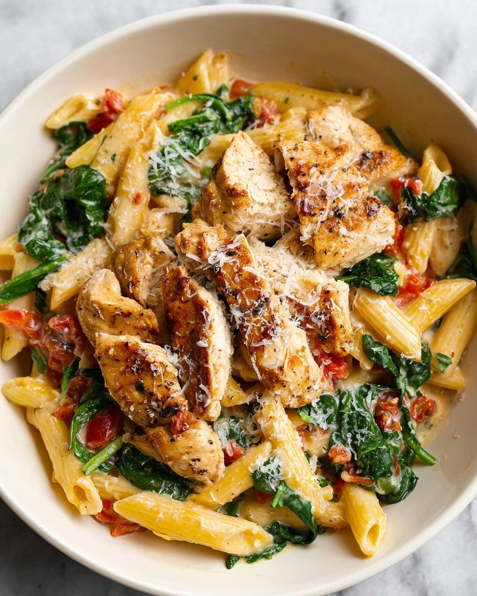 The dish is served in a white bowl on a white marbled surface, showing a close-up of creamy penne pasta mixed with sautéed spinach and small diced tomatoes. On top, there are several pieces of golden brown cooked chicken, with a slightly crispy outside. The pasta is coated in a light cream sauce, and the whole dish is sprinkled with finely grated cheese, adding a soft white layer over the chicken and vegetables. The colors are warm and fresh with the light yellow pasta, green spinach, red tomatoes, and golden chicken pieces, creating a balanced and inviting look. Photo taken with an iphone --ar 4:5 --v 7