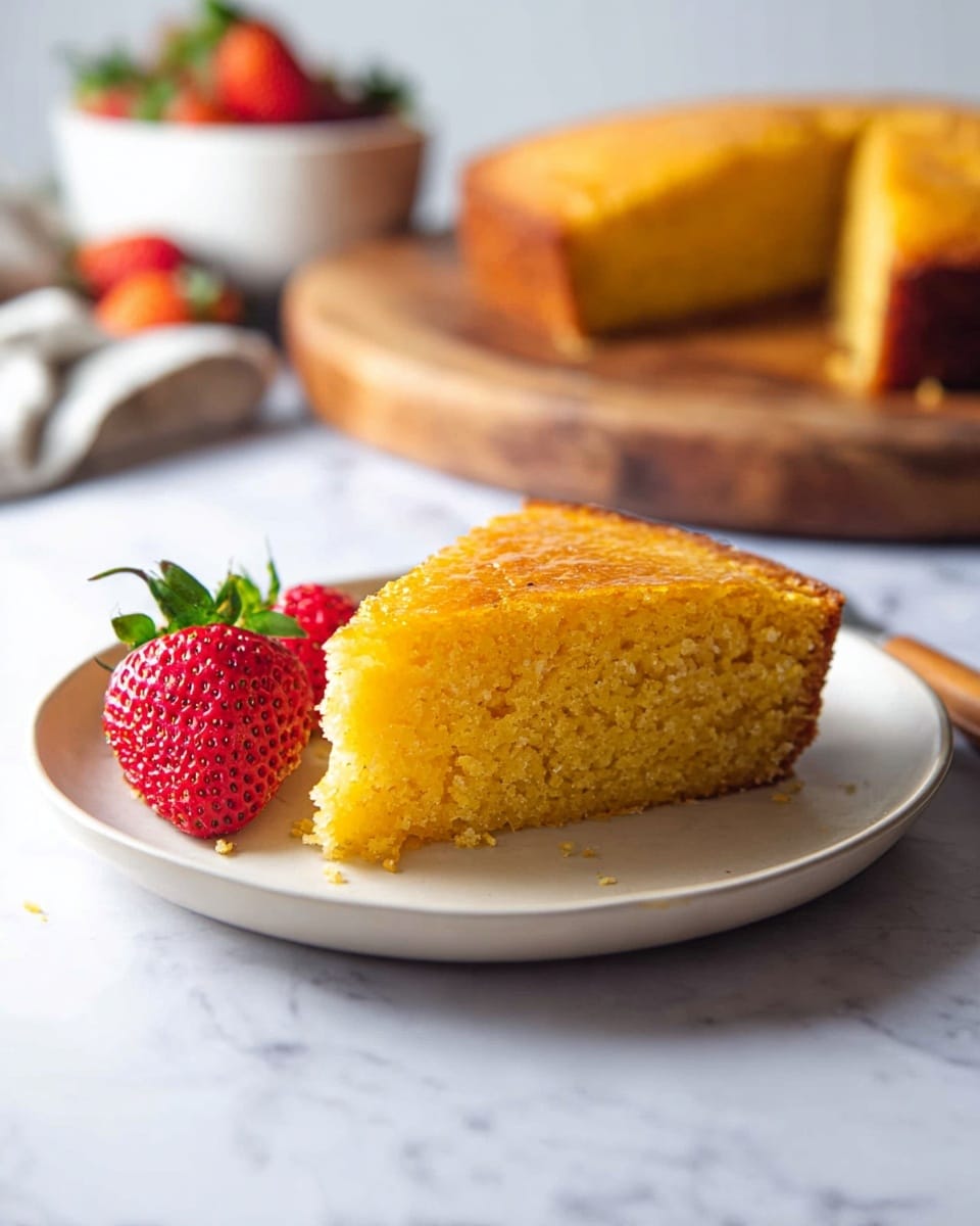 A slice of golden yellow cornbread with a slightly shiny, moist texture is placed on a white plate, positioned slightly to the right. To the left of the slice, there are three fresh red strawberries with green leaves. The background shows the rest of the cornbread on a wooden board, blurred softly, and a white bowl filled with more strawberries, all set on a white marbled surface. The lighting is soft and natural, highlighting the moist texture and vibrant colors. photo taken with an iphone --ar 4:5 --v 7
