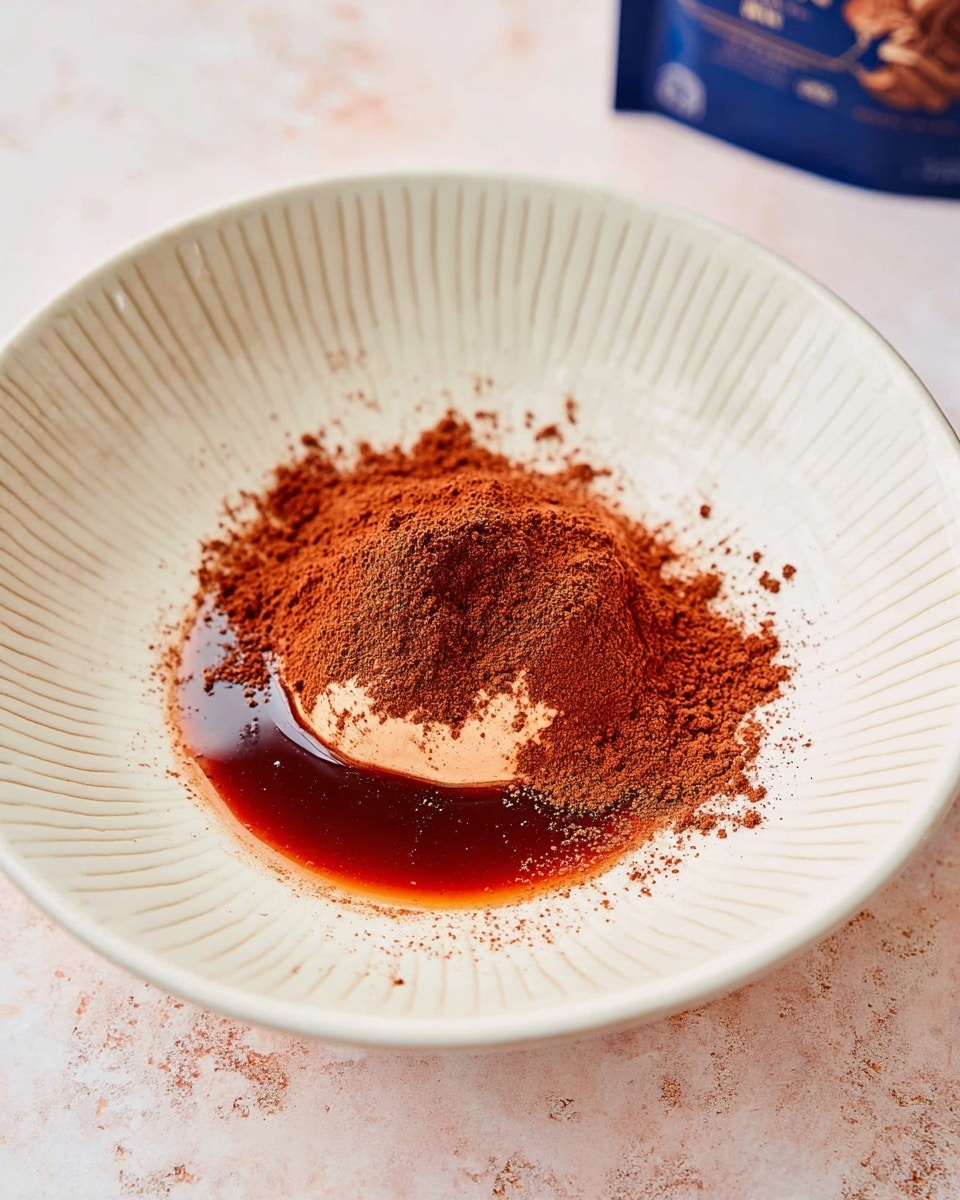 A white round plate with thin vertical lines holds a small pile of three layers: a dark reddish-brown liquid pool at the base, a smooth light brown creamy layer partially covered by fine cocoa powder dusted unevenly on top, creating a textured surface with soft piles. The plate sits on a white marbled textured surface with a blurred blue package in the background. photo taken with an iphone --ar 4:5 --v 7