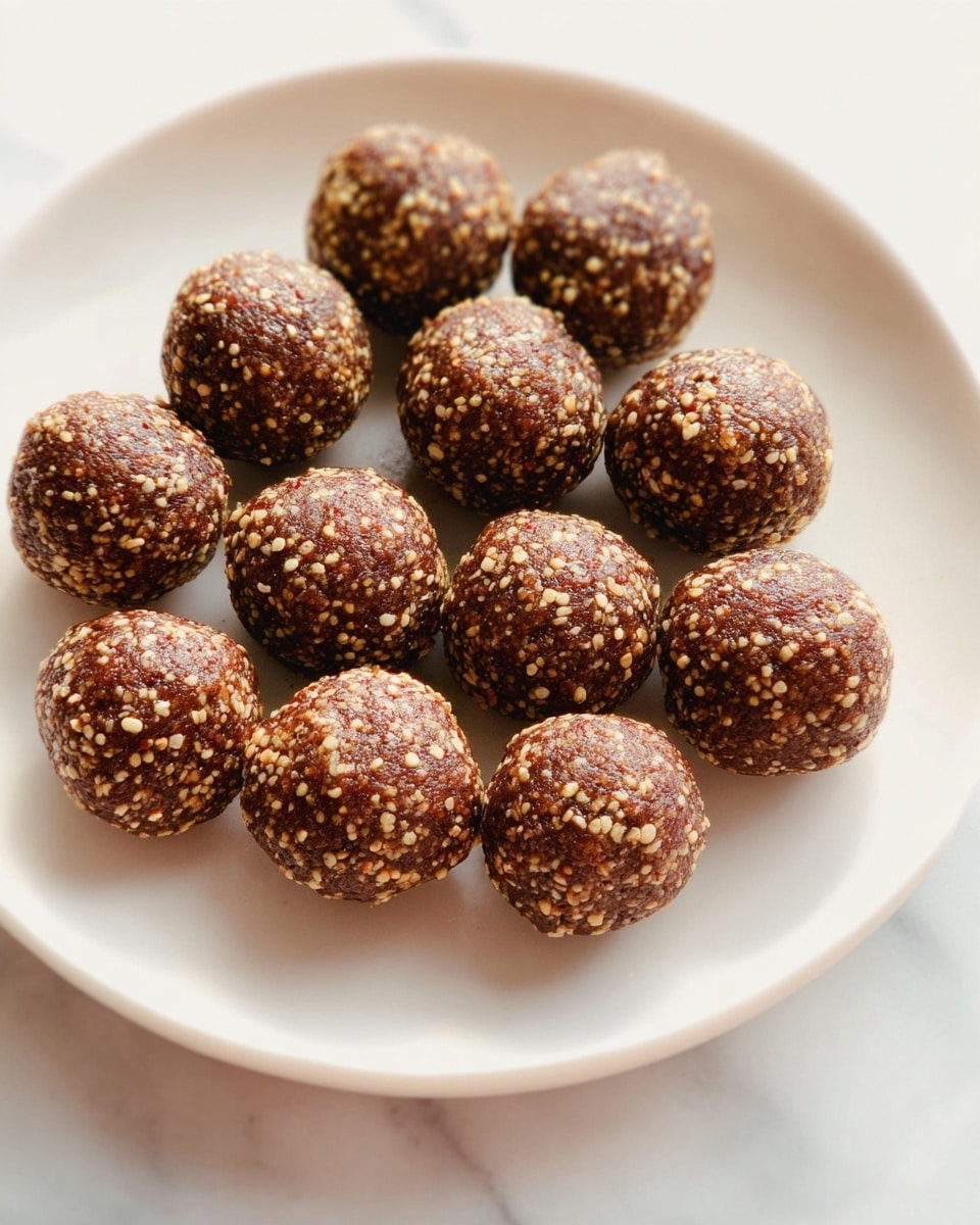 A white plate holds twelve small round balls arranged close together in two uneven rows. The balls have a rough texture with visible tiny beige grains mixed in a dark brown base, giving them a crunchy look. The surface beneath the plate is a white marbled texture. The lighting highlights the textured details on the balls, making them look rich and dense. photo taken with an iphone --ar 4:5 --v 7