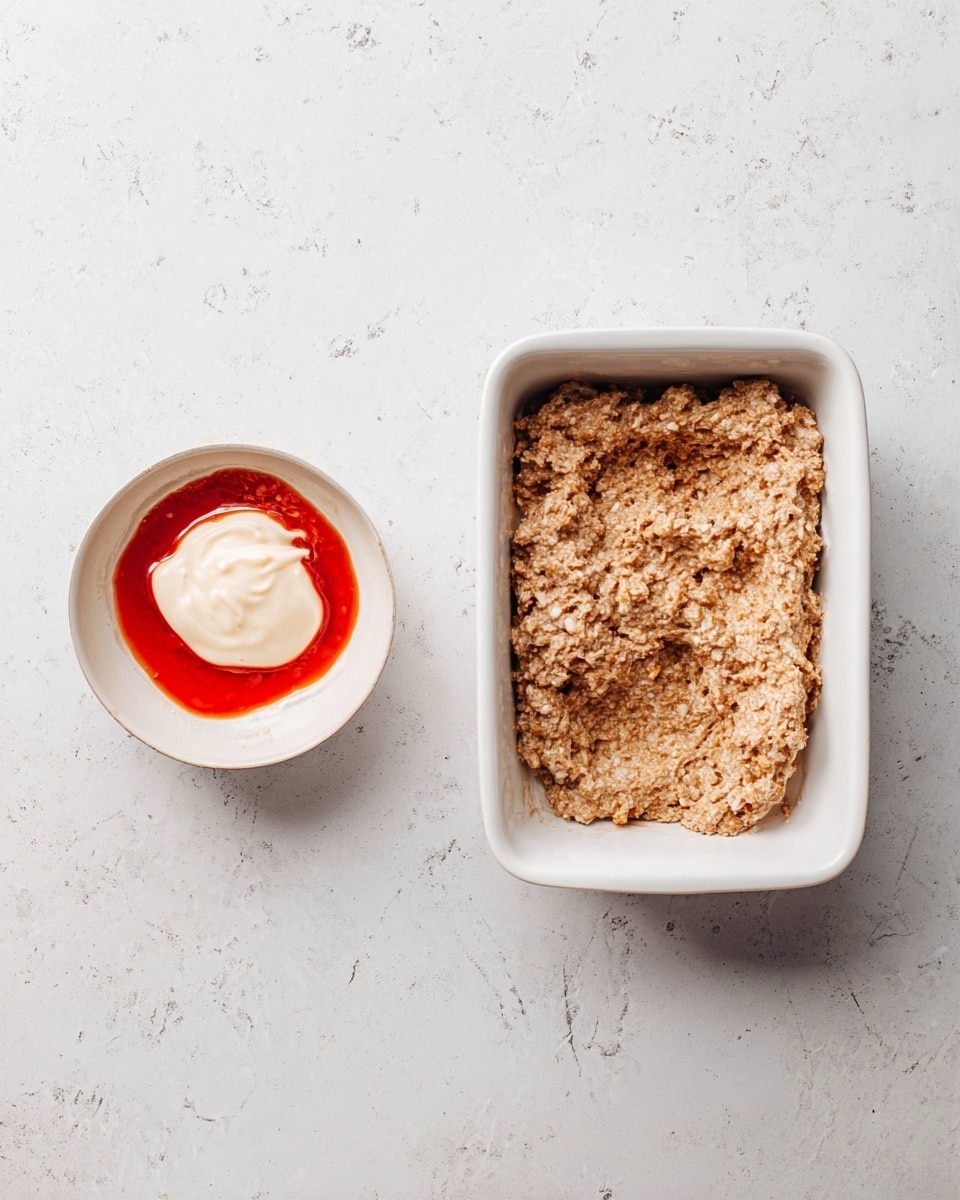 The image shows a white rectangular baking dish on the right side filled with a rough-textured, light brown mixture that looks thick and slightly crumbly. On the left side, there is a small white bowl containing two layers: a shiny red sauce at the bottom and a swirled, creamy white topping on top. Both dishes are placed on a white marbled surface. photo taken with an iphone --ar 4:5 --v 7