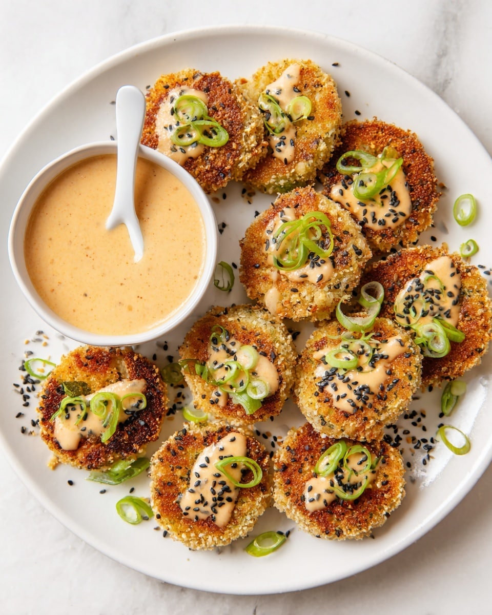 A white plate holds ten round, golden brown crispy cakes arranged in a scattered way. Each cake has a dollop of creamy light orange sauce on top, sprinkled with black sesame seeds and thin slices of green onion. In the middle-left of the plate, there is a small white bowl filled with the same creamy sauce, with a white spoon inside it. The plate is set on a white marbled surface, and some extra pieces of green onion and black sesame seeds are scattered around the cakes. Photo taken with an iphone --ar 4:5 --v 7