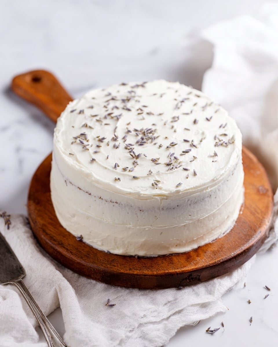 A round, three-layer white cake covered with smooth white frosting is placed on a wooden board with a handle, resting on a white marbled surface. The frosting is decorated with small lavender buds lightly scattered on top, giving a simple but elegant look. The cake layers are even, and the frosting texture looks creamy and soft without any sharp edges. A vintage silver cake server lies nearby on a white cloth, adding a rustic touch to the scene. Photo taken with an iphone --ar 4:5 --v 7