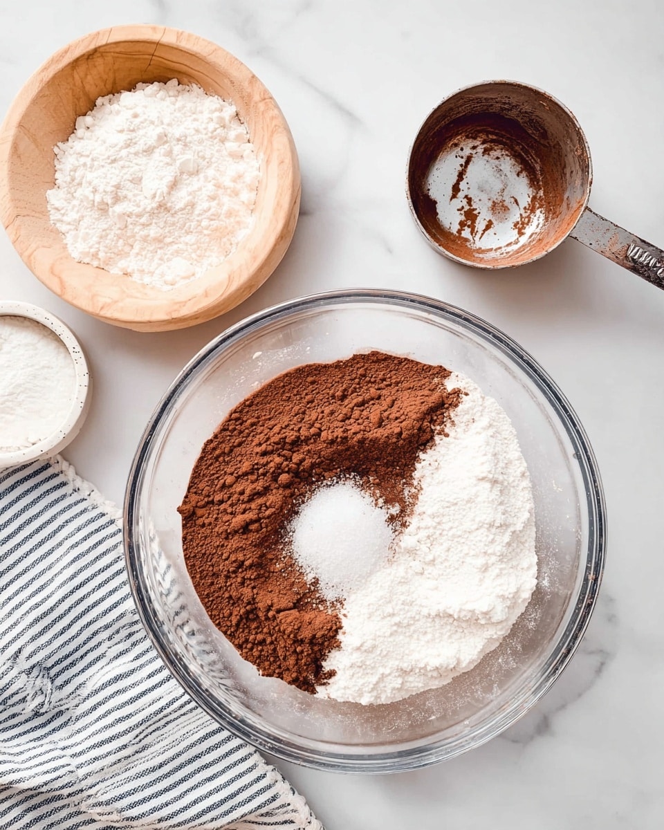 A clear glass mixing bowl sits on a white marbled surface, filled with three dry ingredients loosely layered beside each other: white flour on the right, dark brown cocoa powder on the left, and a small pile of white salt in the center of the cocoa. Above and to the left of the bowl is a light tan wooden bowl with some white flour dust scattered inside. To the right of the wooden bowl is a silver measuring cup that looks well-used and stained with cocoa residue inside. Below the measuring cup is a small white bowl containing white powder and a small silver spoon resting inside it. A white and navy striped cloth lies partially visible in the lower left corner of the image. Photo taken with an iphone --ar 4:5 --v 7
