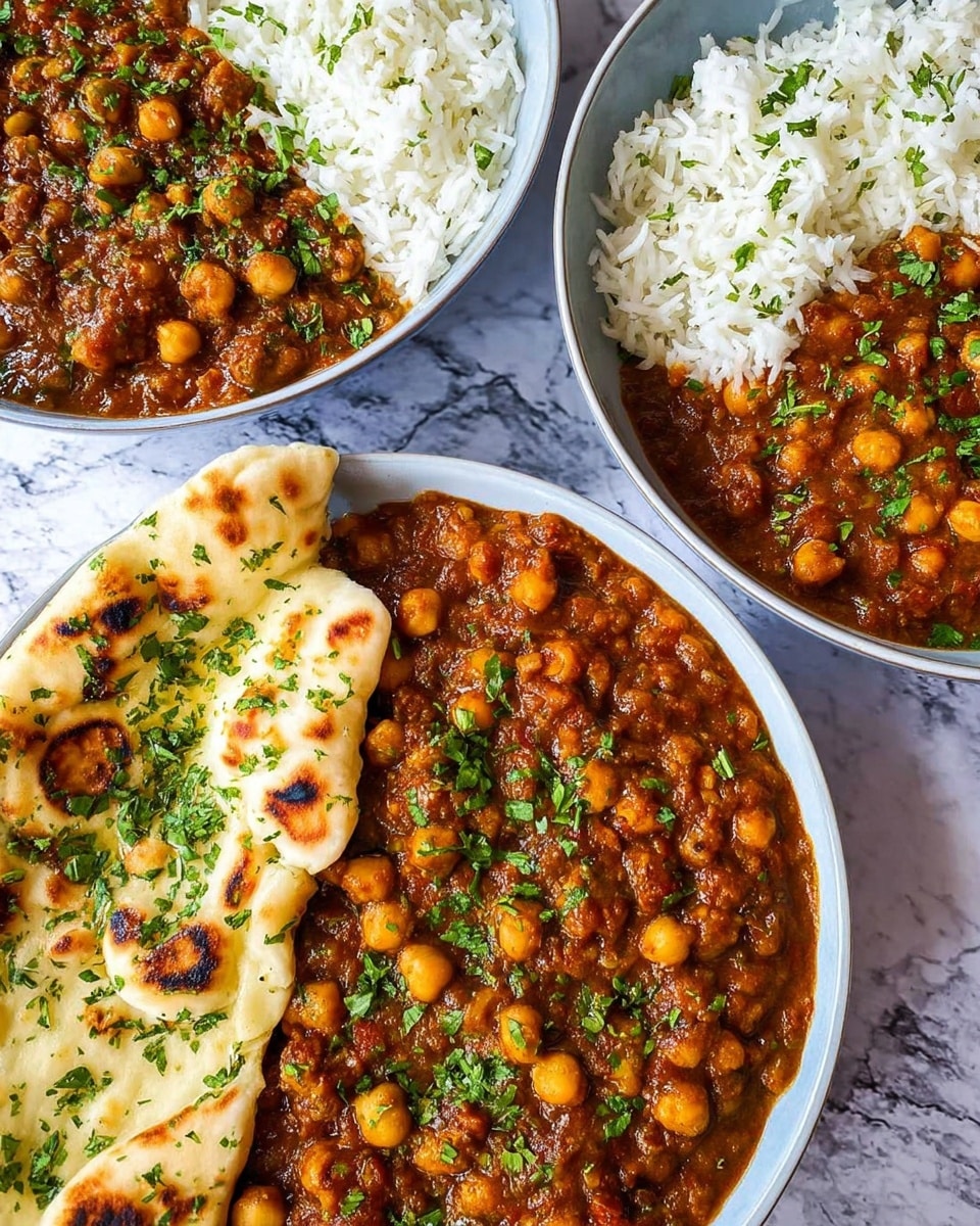 The image shows three white bowls on a white marbled surface. Two bowls contain a rich brown chickpea curry with a thick texture, dotted with whole chickpeas and garnished with chopped green herbs on top. The third bowl is filled with plain white rice, fluffy and separated. In the front bowl, there is a piece of naan bread, light golden with charred spots and sprinkled with herbs, resting partially on the curry. The overall look is warm and inviting, with a mix of smooth, chunky, and fluffy textures. photo taken with an iphone --ar 4:5 --v 7