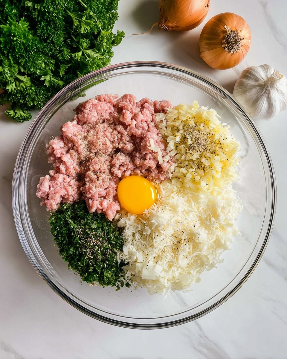A clear glass bowl sits on a white marbled surface filled with six distinct layers of ingredients: in the top center, there is a large heap of pink ground meat; below that to the right is a mound of finely chopped light yellow onions with black pepper and seasoning sprinkled on top; on the bottom right, there is a large pile of white shredded cheese with a soft, curly texture; below the cheese sits a bright yellow raw egg yolk with clear egg white surrounding it; to the left of the egg is a dark green pile of chopped parsley or similar herb; and above the herbs on the bottom left are small, finely minced pieces of yellow garlic. In the background, bulbs of garlic, two brown onions, and a bunch of green parsley lay on the white marbled surface. Photo taken with an iphone --ar 4:5 --v 7