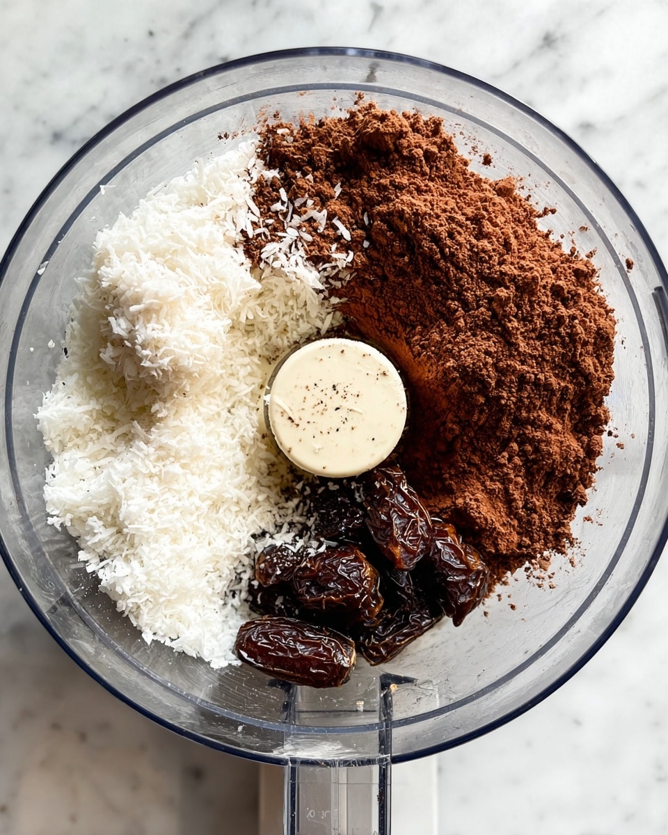 Inside a clear food processor bowl, there are three main layers of ingredients arranged side by side. On the left, there is a mound of shredded white coconut with a soft, fluffy texture. On the right, a pile of fine, dark brown cocoa powder with a dry and powdery look. At the bottom center, there is a cluster of dark brown sticky dates, slightly shiny and wrinkled in texture. The food processor bowl is placed on a white marbled surface. photo taken with an iphone --ar 4:5 --v 7