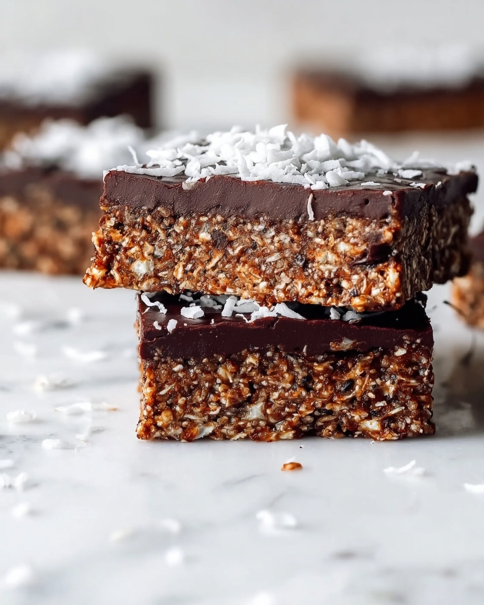 The image shows two thick bars stacked on top of each other on a white marbled surface, each bar having two layers: a bottom layer made of a dense, textured mixture of oats and chocolate, dark brown with visible grainy bits, and a smooth, glossy dark chocolate layer on top. White coconut flakes are scattered on the surface around the bars and a few rest on top of the upper bar's chocolate layer, adding a light contrast to the dark colors of the bars. In the background, parts of more bars can be seen slightly blurred. Photo taken with an iphone --ar 4:5 --v 7