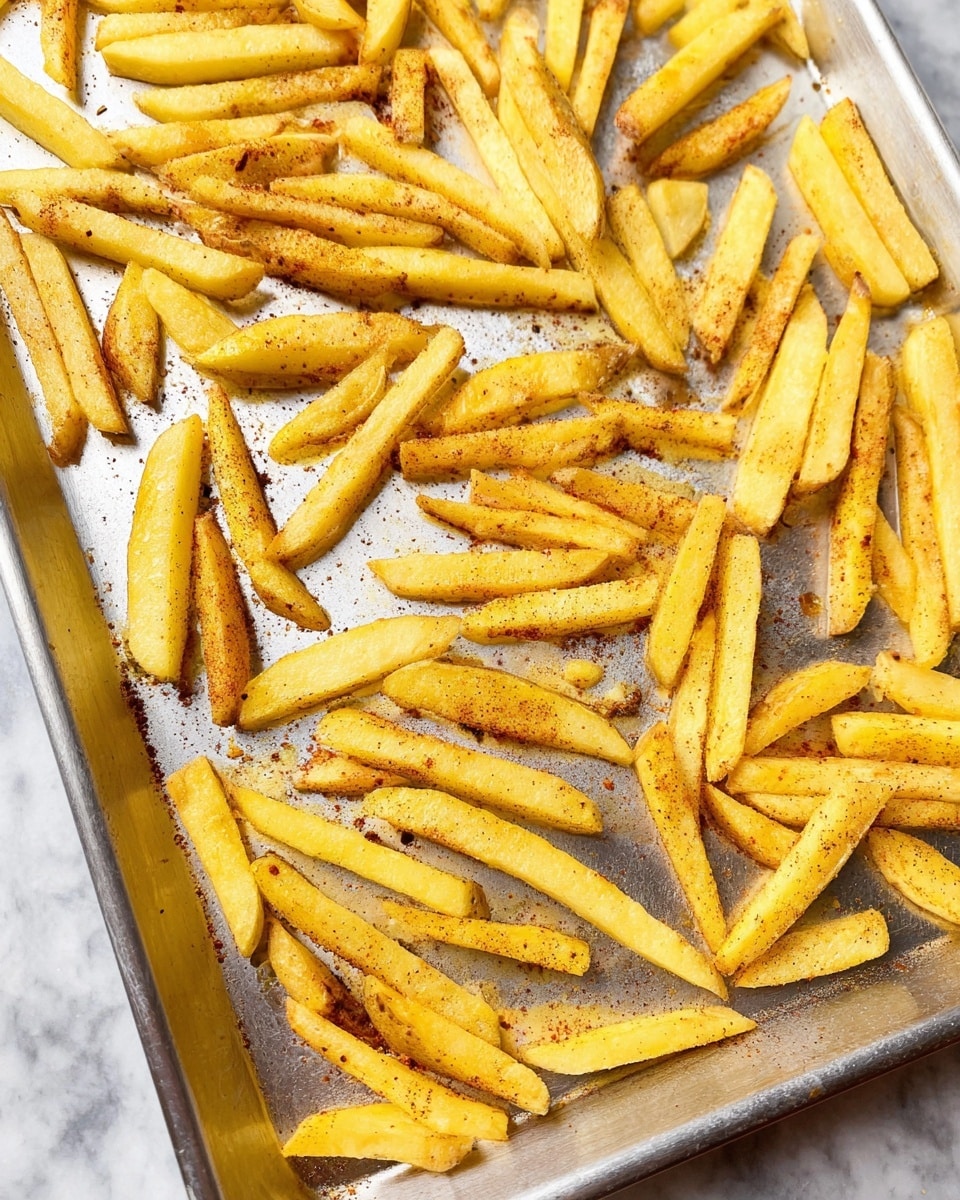 The image shows a silver baking tray spread with raw potato sticks that are dusted with spices. The potato pieces are light yellow with some brown skin still on them, giving a mix of smooth and rough textures. The spices add darker specks and a grainy look scattered unevenly across the potatoes. The tray and fries have a slightly shiny texture from oil. The background is a white marbled surface. photo taken with an iphone --ar 4:5 --v 7