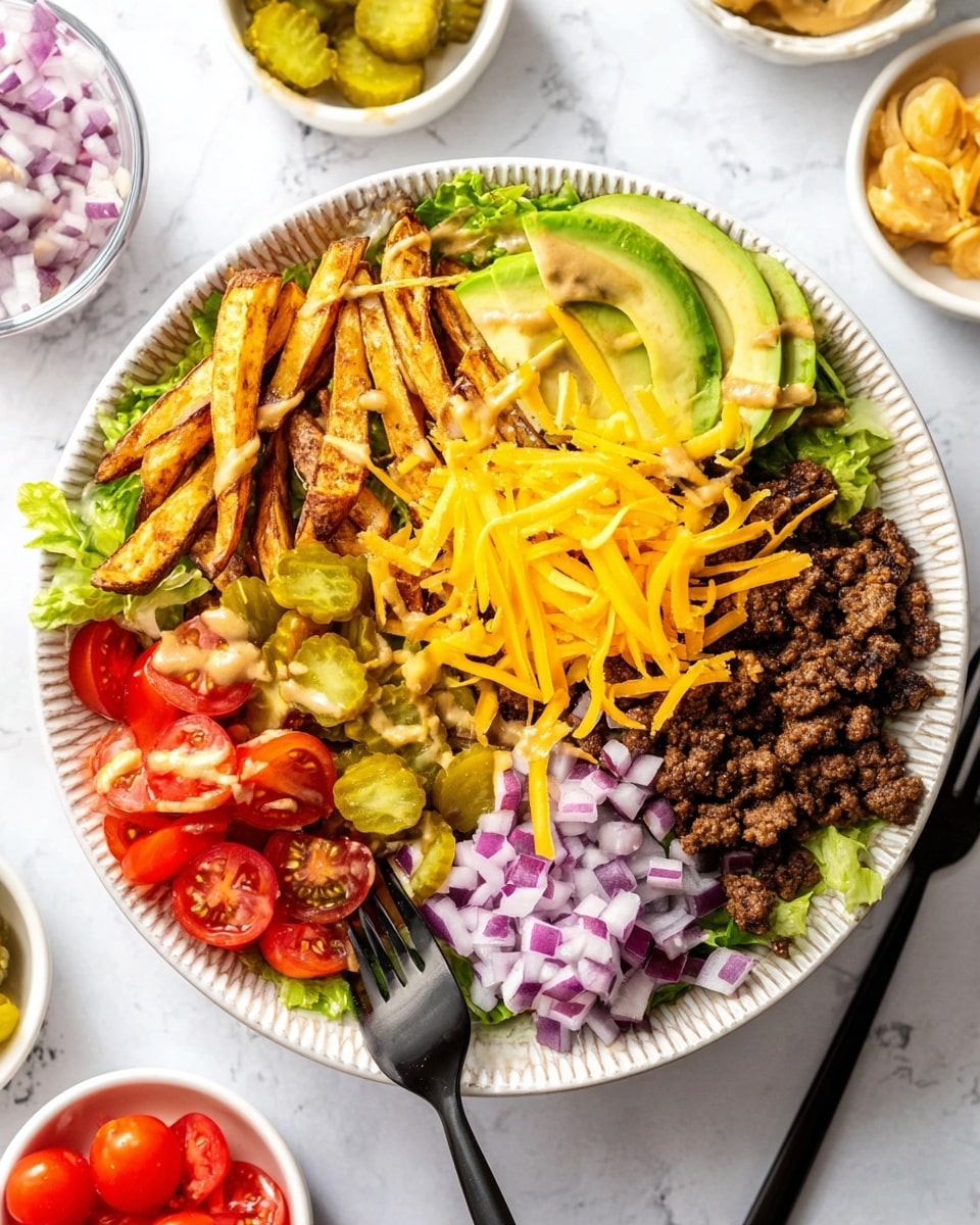 The dish is in a white bowl with a textured rim, placed on a white marbled surface. Inside the bowl, there is a base layer of chopped green lettuce spread evenly. On top, there are several distinct layers arranged in sections: golden brown crispy potato fries with light drizzled sauce on the upper right, sliced green avocado with sauce drops beside them, browned cooked ground beef with sauce on the lower right, bright red halved cherry tomatoes with sauce near the bottom center, sliced green pickles with sauce on the left, chopped purple onions scattered around, and a pile of shredded yellow cheddar cheese in the center. A black fork rests on the left side of the bowl. Around the bowl, there are small white bowls with extra diced onions, halved cherry tomatoes, and pickle slices. The photo taken with an iphone --ar 4:5 --v 7