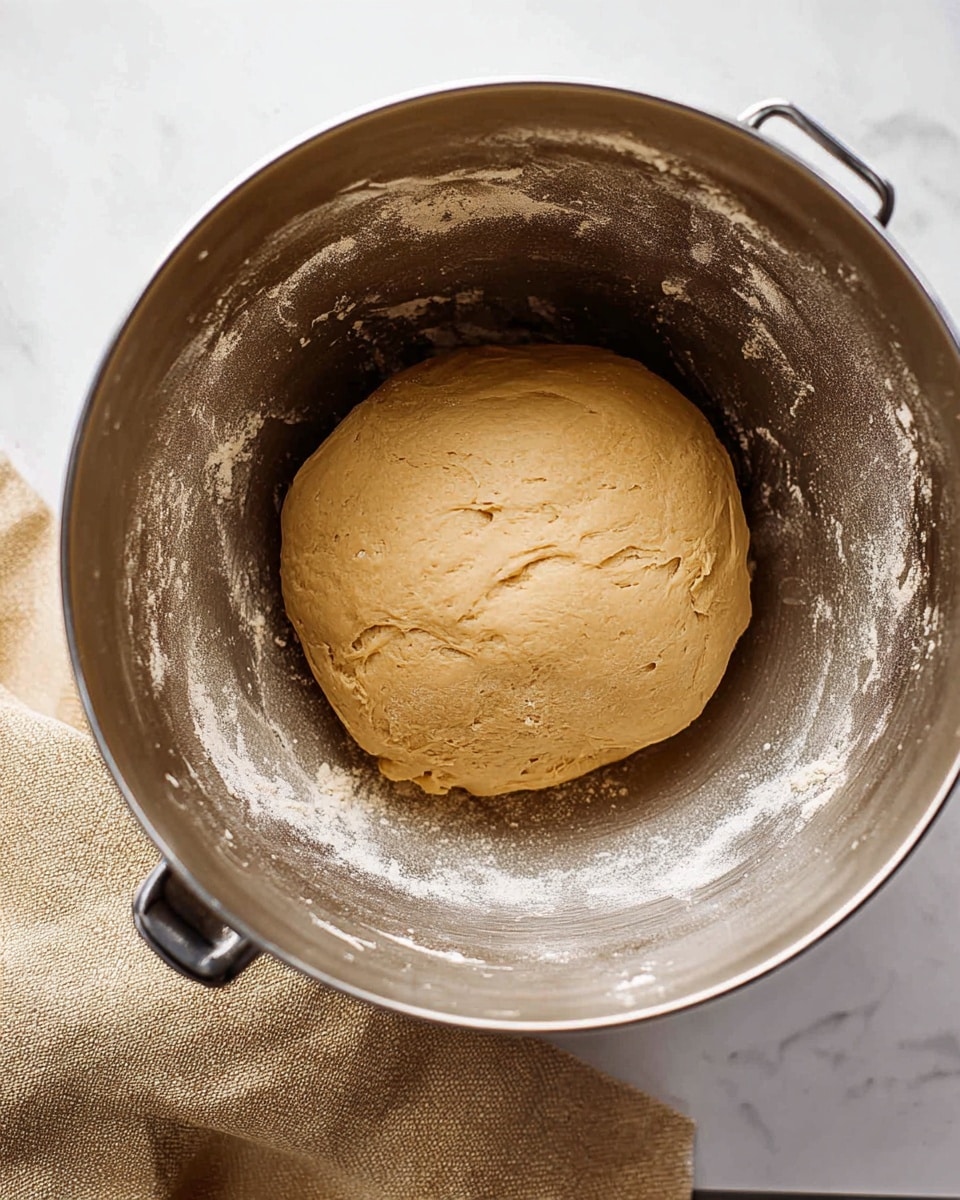 A round ball of light brown dough sits in the center of a large metal mixing bowl. The inside of the bowl has flour dust and dough remnants sticking to its sides, showing recent mixing. To the right side of the bowl's handle, a white marbled surface is visible along with a beige textured cloth underneath. The scene is brightly lit from above, highlighting the smooth, slightly cracked surface of the dough. photo taken with an iphone --ar 4:5 --v 7