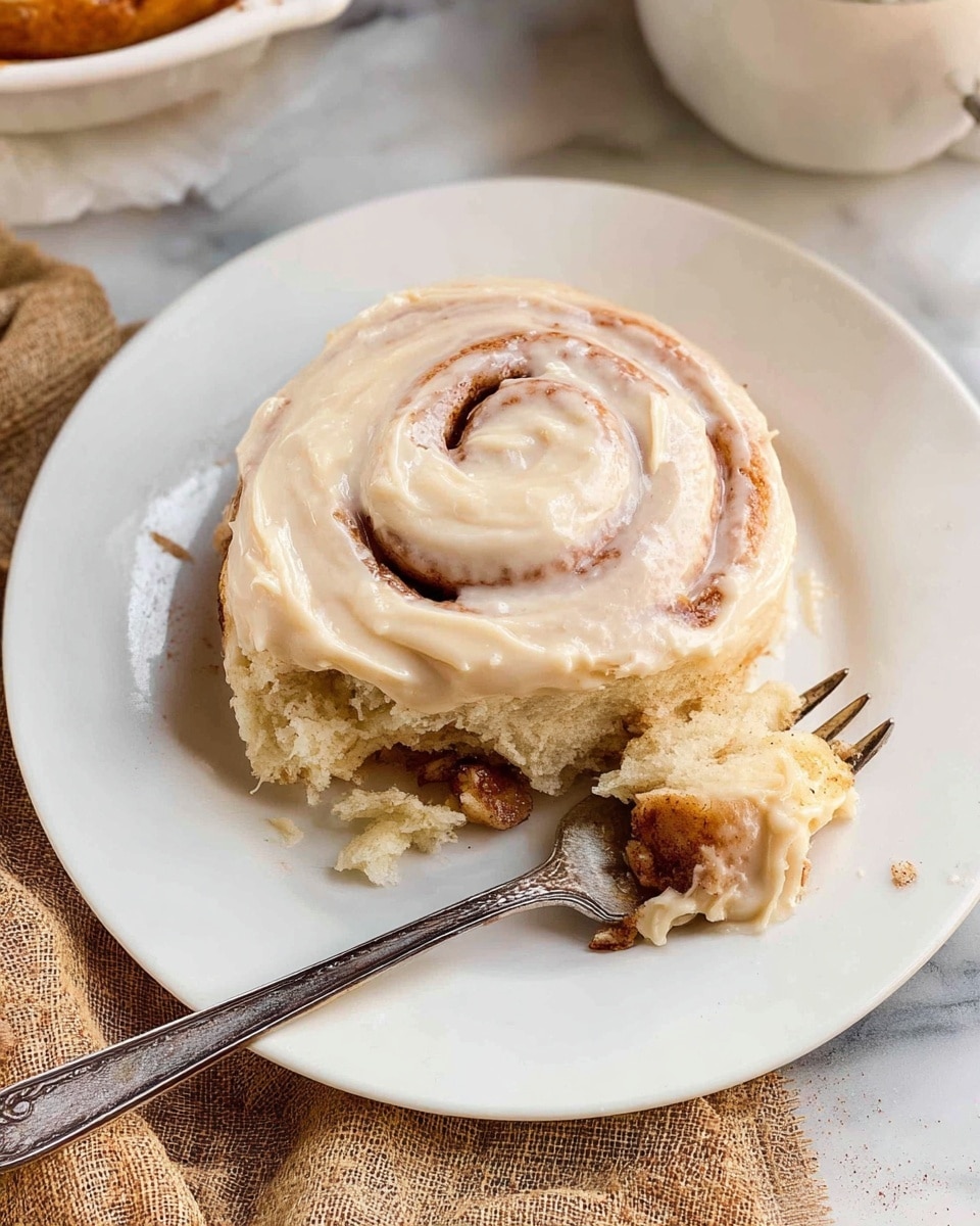A white plate with a soft cinnamon roll covered in light tan cream cheese frosting that looks smooth and creamy, with some cinnamon swirl layers visible under the frosting; the roll is thick and spiral-shaped, with a piece torn off showing a richly colored cinnamon filling inside. A silver fork lays beside it on the plate, all set on a white marbled surface with a small part of another white dish and textured cloth nearby. Photo taken with an iphone --ar 4:5 --v 7