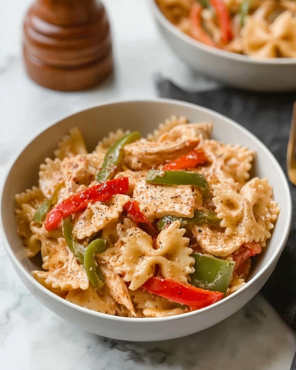 The image shows a white bowl filled with farfalle pasta mixed with strips of cooked chicken and sliced bell peppers in green and red colors. The pasta has a light sauce coating that gives it a creamy texture. The dish is placed on a white marbled surface, and there is a hint of another similar bowl in the background. A pepper grinder is partly visible at the top left corner, adding a touch of rustic detail. Photo taken with an iphone --ar 4:5 --v 7