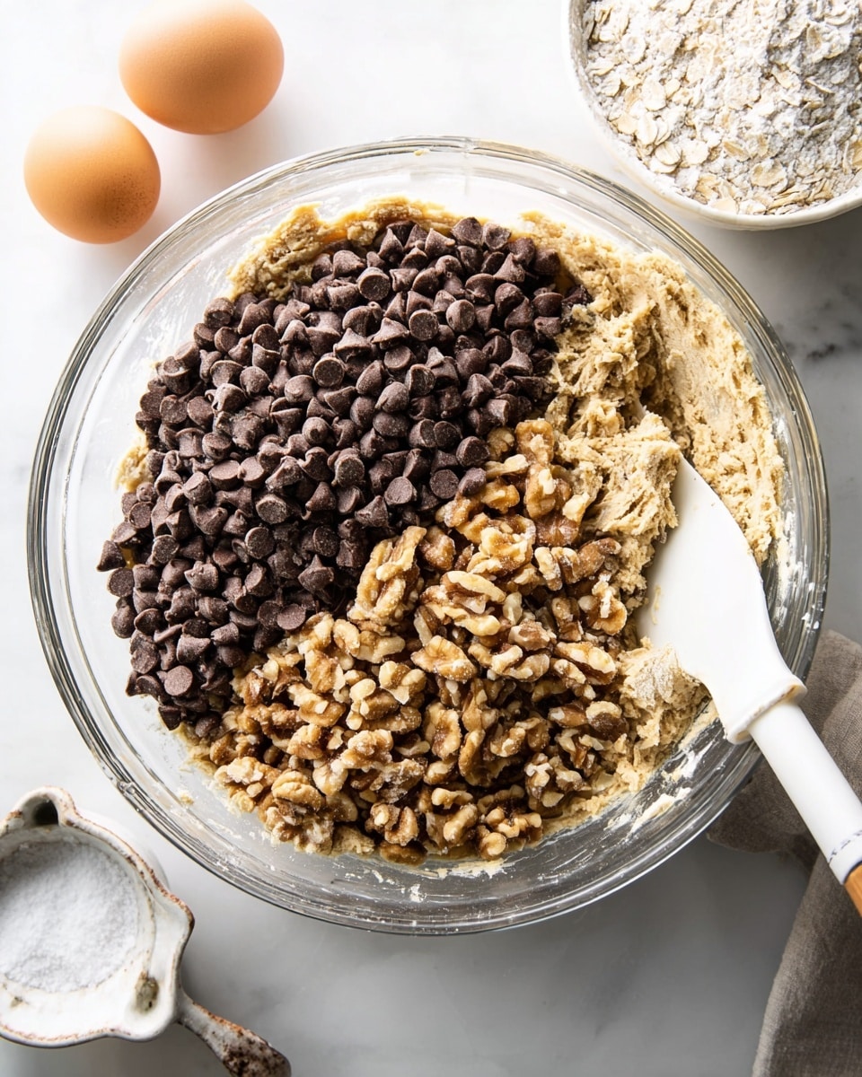 A clear glass bowl filled with three main layers of cookie dough ingredients: the bottom layer is a thick, light tan dough with a rough texture, the right side is covered with chopped walnuts showing their light brown, slightly chunky texture, and the top left side is piled with many small, dark brown chocolate chips. A white spatula rests in the bowl near the nuts, with part of it dipped into the mix. Around the bowl on a white marbled surface are a small white bowl of coarse salt and an egg in a white egg holder. The lighting is bright and natural. photo taken with an iphone --ar 4:5 --v 7