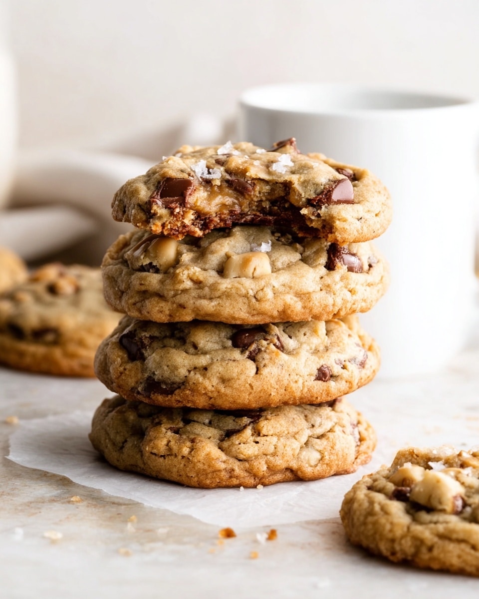 A stack of four thick, golden-brown chocolate chip cookies rests on a white marbled surface, each cookie showing visible chocolate chips and bits of nuts. The top cookie has a bite taken from it, revealing a slightly soft and chewy inside. Next to the stack, a white cup or glass is partially visible, suggesting a drink alongside the cookies. In the background, more cookies lie flat on the surface, slightly blurred. The cookies have a rustic, homemade look with a light sprinkle of salt on the top one. photo taken with an iphone --ar 4:5 --v 7