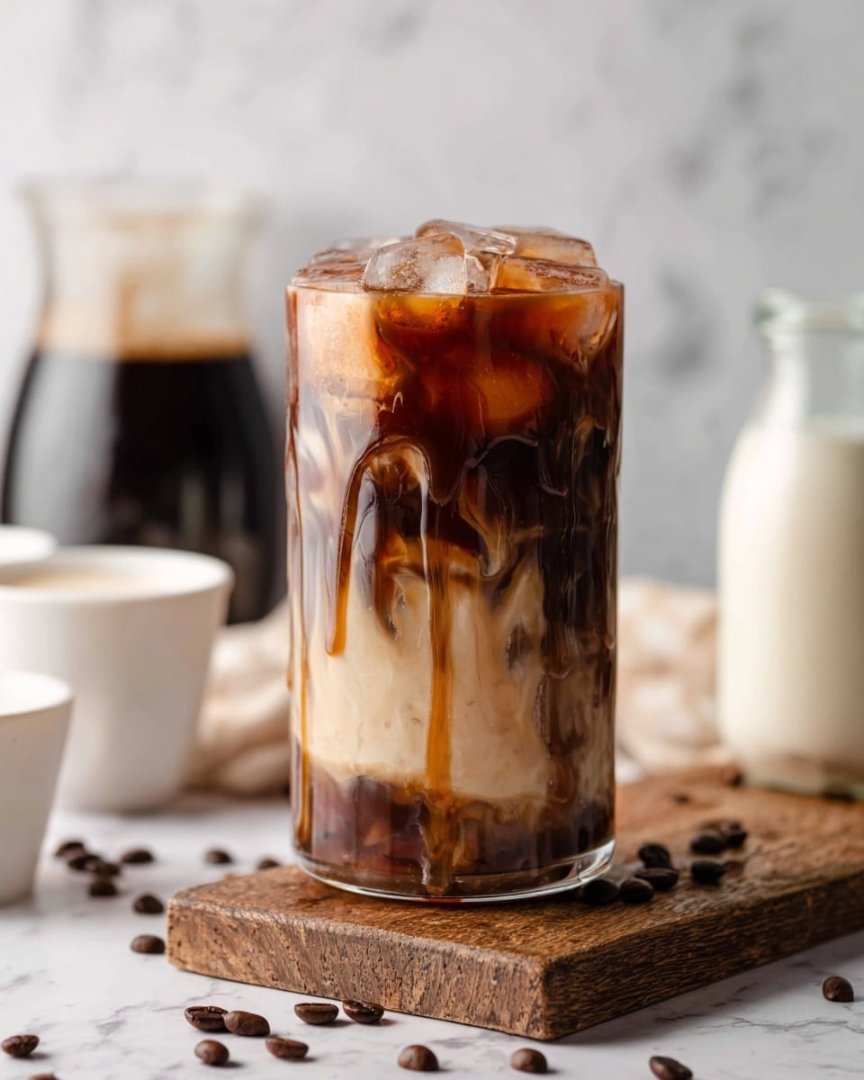 A tall clear glass filled with iced coffee showing three main layers: a dark brown coffee syrup at the bottom, a light creamy coffee mixture in the middle, and ice cubes on top with dark coffee syrup dripping down the sides of the glass. The glass sits on a small wooden board with scattered coffee beans around it. In the white marbled background, a blurred white ceramic cup, a glass container of black coffee, and a glass container of milk can be seen. photo taken with an iphone --ar 4:5 --v 7