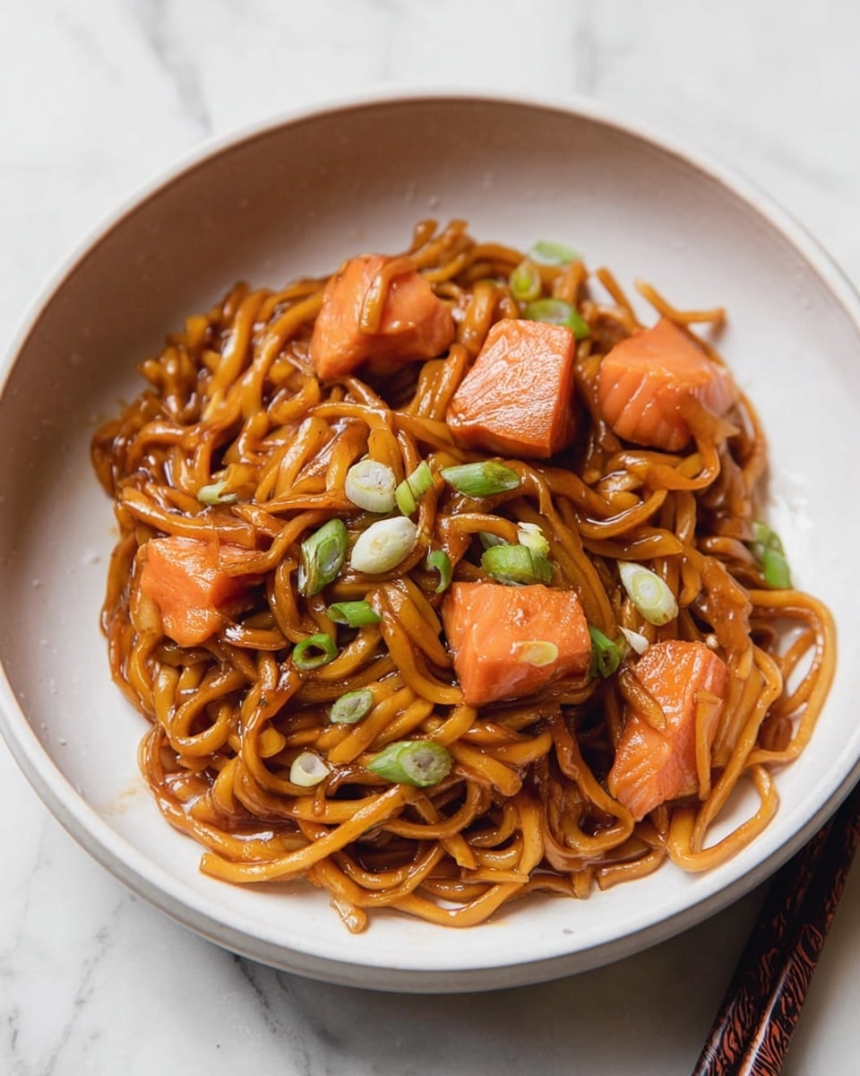 A white bowl filled with thick noodles covered in a shiny brown sauce, topped with several medium-sized pieces of cooked salmon that are a bright orange color. Scattered on top and mixed into the noodles are small green onion slices, adding a fresh green contrast. The noodles are twisted and piled loosely, giving a textured look. The bowl is set on a white marbled surface with chopsticks placed beside it. The overall color scheme is warm and earthy with hints of green from the onions photo taken with an iphone --ar 4:5 --v 7