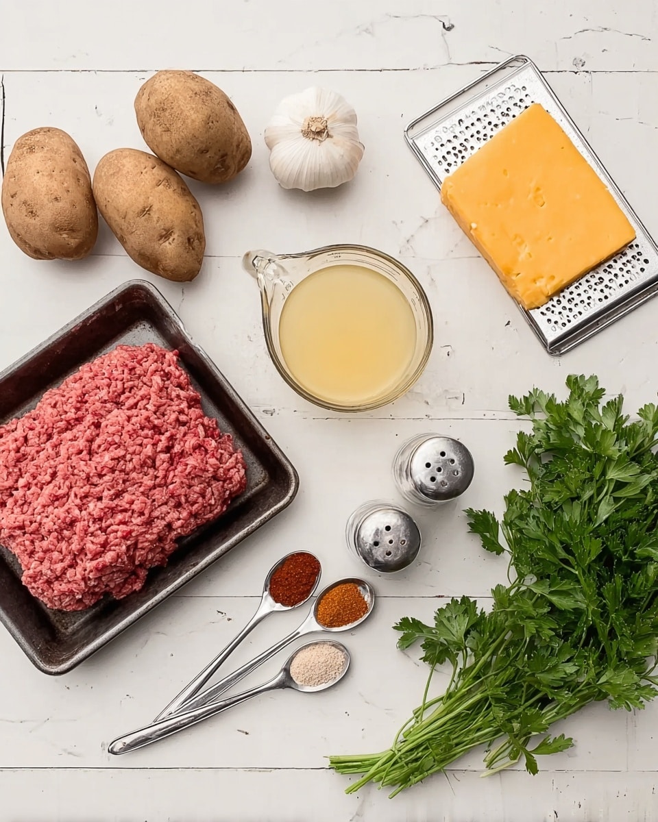 The image shows ingredients neatly arranged on a white marbled surface. There are two brown potatoes and one full white garlic bulb on the top left. Below them is a black tray filled with raw ground meat showing a pink and red texture. Next to the meat is a glass measuring cup filled with a light yellow liquid, likely broth or stock. Near the top right, there is a white rectangular grater with a block of orange cheese on it, along with some grated cheese. Below the cheese, two small metal measuring spoons hold red spice and a light gray powder. In the bottom right corner, there is a bunch of fresh green parsley. A salt shaker and a pepper shaker sit near the center. photo taken with an iphone --ar 4:5 --v 7