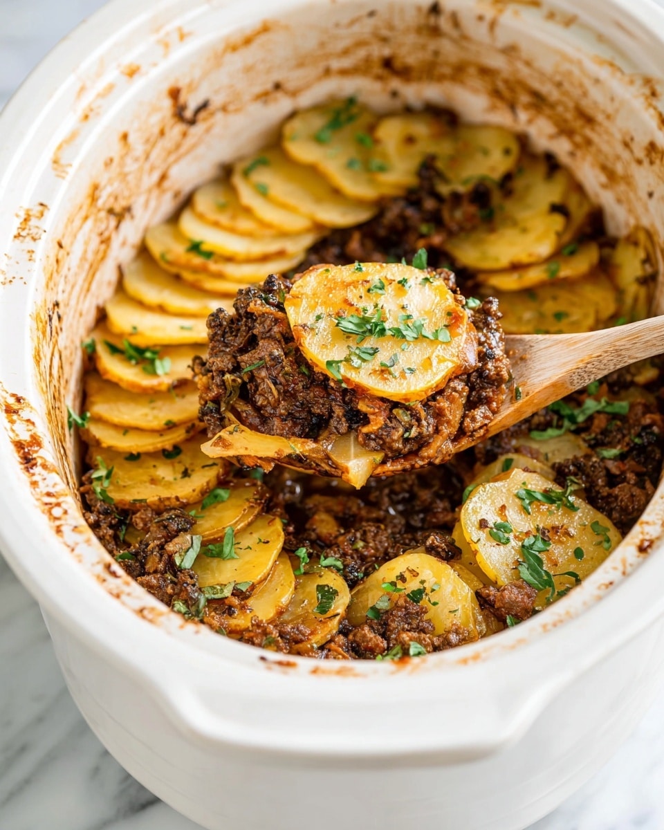 A white slow cooker filled with a layered dish, showing golden-brown thin potato slices at the base with a tender texture, topped with dark brown cooked ground meat that looks juicy and crumbly, sprinkled with fresh green chopped herbs. A wooden spoon lifts a portion, revealing two layers of potatoes beneath the meat, all inside the white slow cooker with brown sauce stains on the sides. The cooker is on a white marbled surface. photo taken with an iphone --ar 4:5 --v 7