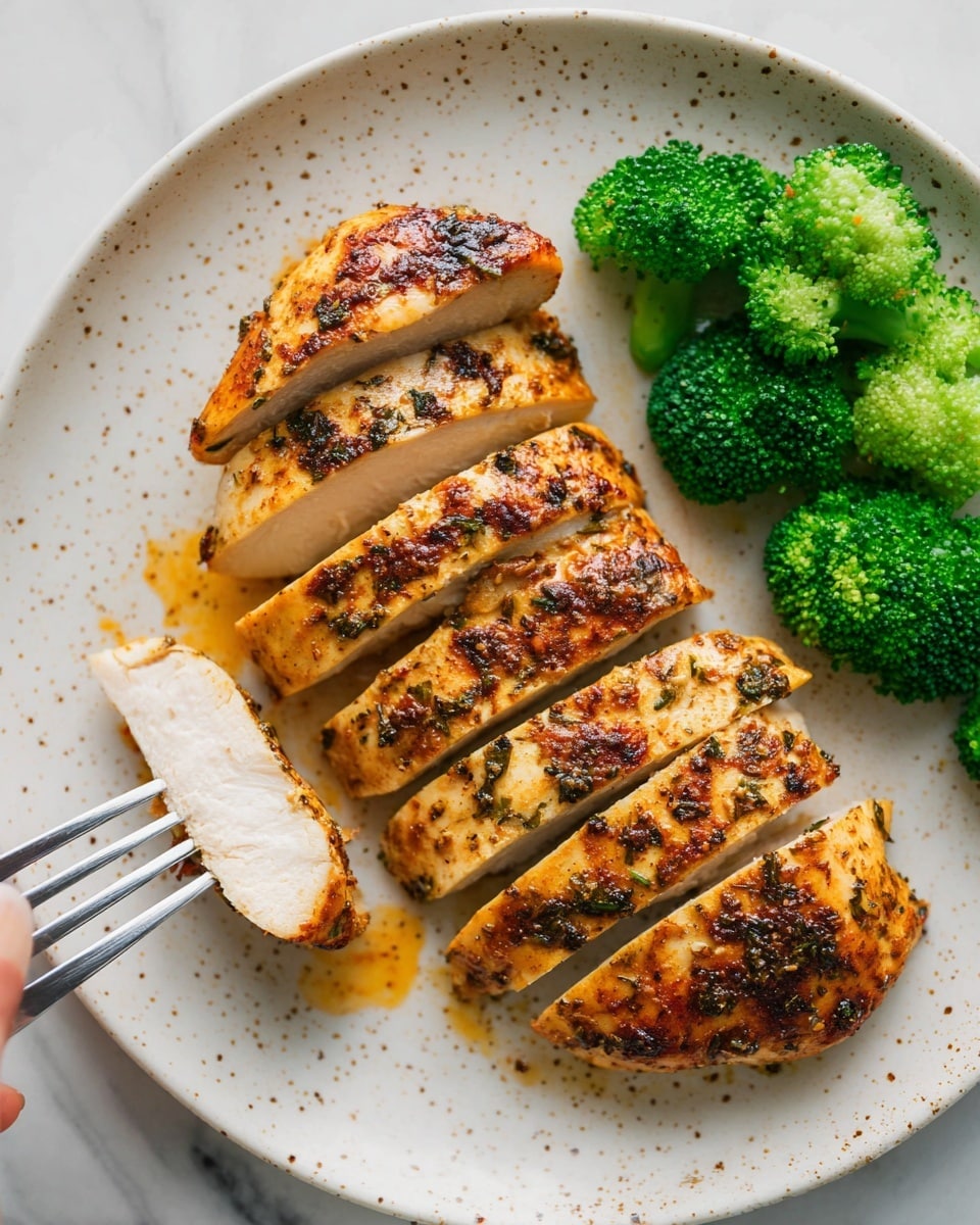 On a white plate with a speckled pattern, there are five thick slices of golden brown cooked chicken breast with a slightly charred, herb-speckled surface, arranged in a row from the bottom right to the center left. Behind the chicken slices are three bright green broccoli florets, positioned near the top right of the plate. In the bottom left corner, a woman's hand is holding a silver fork, piercing a smaller, pale sliced piece of chicken showing its white interior. The plate sits on a white marbled surface with some light orange sauce spread near the chicken. photo taken with an iphone --ar 4:5 --v 7