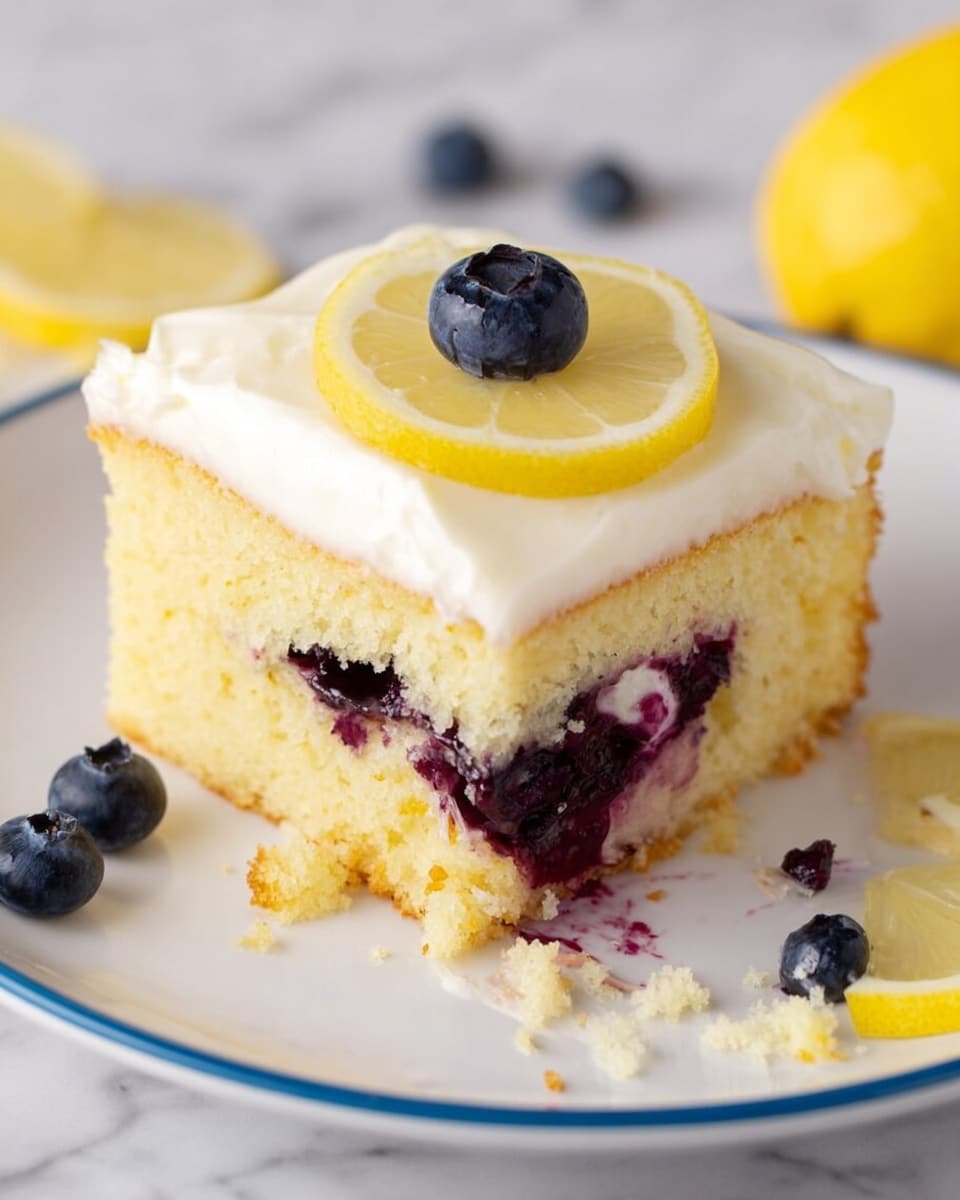 The image shows a single square piece of yellow cake with a soft, moist texture. The cake has three layers: the bottom is a fluffy yellow sponge layer, the middle contains a dark purple blueberry filling that is slightly spilling out, and the top is a thick, smooth white frosting layer. On the frosting, there is a thin slice of lemon with a single dark blueberry placed on top. The cake is on a white plate with a blue rim, scattered with a few blueberries and small crumbs. There are additional lemon slices placed nearby on a white marbled surface photo taken with an iphone --ar 4:5 --v 7