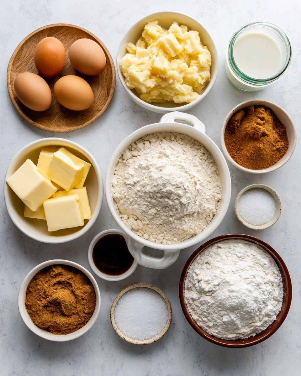 A top view of various baking ingredients arranged neatly on a white marbled surface, featuring ten bowls and a plate. Starting from the bottom left, a wooden plate holds three brown eggs. Above it, a small white bowl contains several thick yellow butter slices. In the center, a large white bowl with handles is filled with white flour. To the top right of the flour, a white bowl is holding mashed bananas, and next to it, a brown bowl is filled with light brown sugar. Above the brown sugar, a small white bowl contains a reddish-brown cinnamon powder. Below it, another small white bowl has white granulated sugar, and to its right, a glass jar holds white milk. Next to the flour bowl on the right, another brown bowl is filled with white granulated sugar. At the bottom right, two small white bowls contain salt and baking powder, both white powders. A small dark brown bowl with vanilla extract is placed near the butter. The composition is clean, simple, and organized. photo taken with an iphone --ar 4:5 --v 7