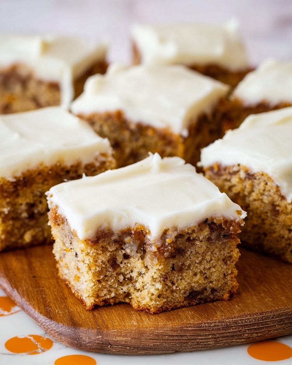 The image shows several pieces of cake with white frosting on top, arranged closely together on a wooden surface. Each piece has two visible layers: a light brown and moist cake base with small darker spots inside, and a thick, smooth layer of creamy white frosting spread evenly over the top. The cake texture looks soft and slightly crumbly with a few darker pockets inside the cake layer. The background is a white marbled texture with a small part of a white plate with orange dots visible near the bottom edge. photo taken with an iphone --ar 4:5 --v 7