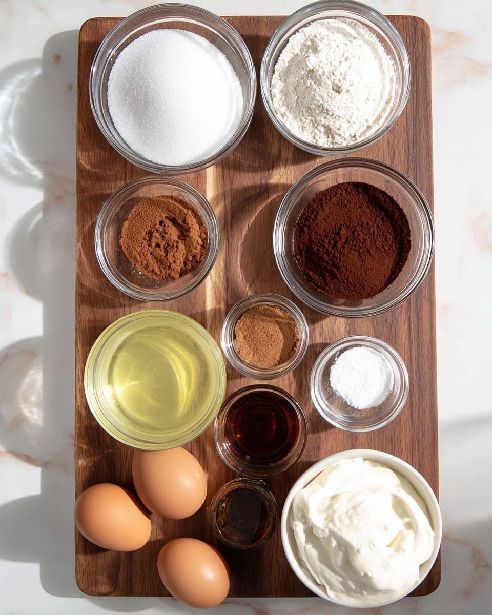 The image shows nine small glass bowls arranged on a wooden cutting board placed on a white marbled surface. From the top left, the first bowl contains white granulated sugar, next to it on the right is a bowl of white flour. Below the sugar is a bowl of dark brown cocoa powder, and next to it on the right is a bowl with a light brown powder, probably cinnamon. In the center is a bowl with clear light yellow vegetable oil. Below the cocoa powder is a small bowl with two white powders, likely baking soda and baking powder. To the right of the oil is a bowl with a dark amber liquid, likely vanilla extract. At the bottom left are two brown eggs in a bowl, and next to them on the right is a bowl with thick white yogurt or sour cream. The lighting is bright, and the photo is taken with an iphone --ar 4:5 --v 7