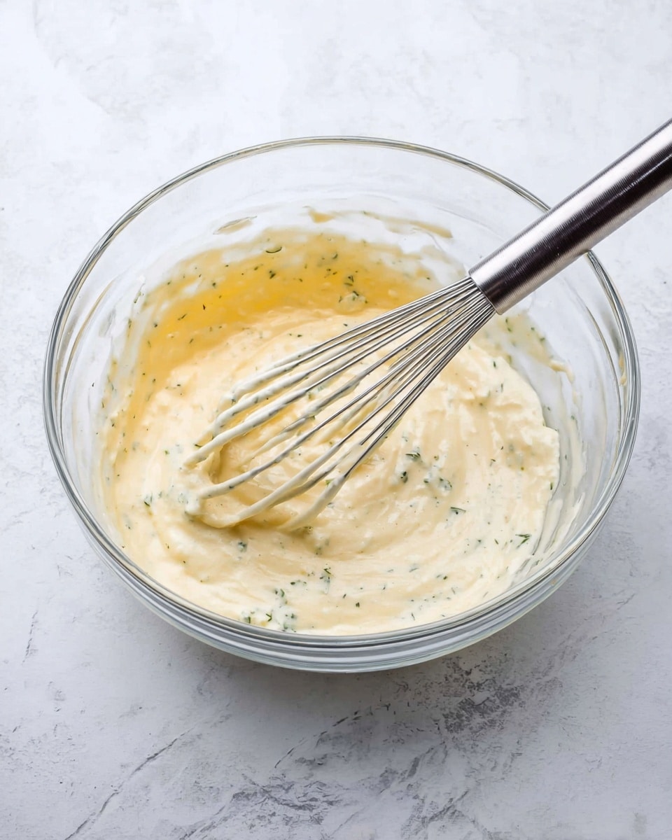 Slow Cooker Creamy Ranch Chicken Recipe 4 A clear glass bowl sits on a white marbled surface, filled with a thick, creamy mixture that is pale yellow with small green herb flecks throughout. A shiny silver whisk is partially submerged in the mixture, with the handle resting inside the bowl, and a bit of the sauce clinging to the wires. The creamy texture appears smooth but slightly uneven, showing gentle folds and swirls made by the whisk. The light reflects softly on both the glass bowl and the metal whisk, emphasizing their clean, simple design photo taken with an iphone --ar 4:5 --v 7