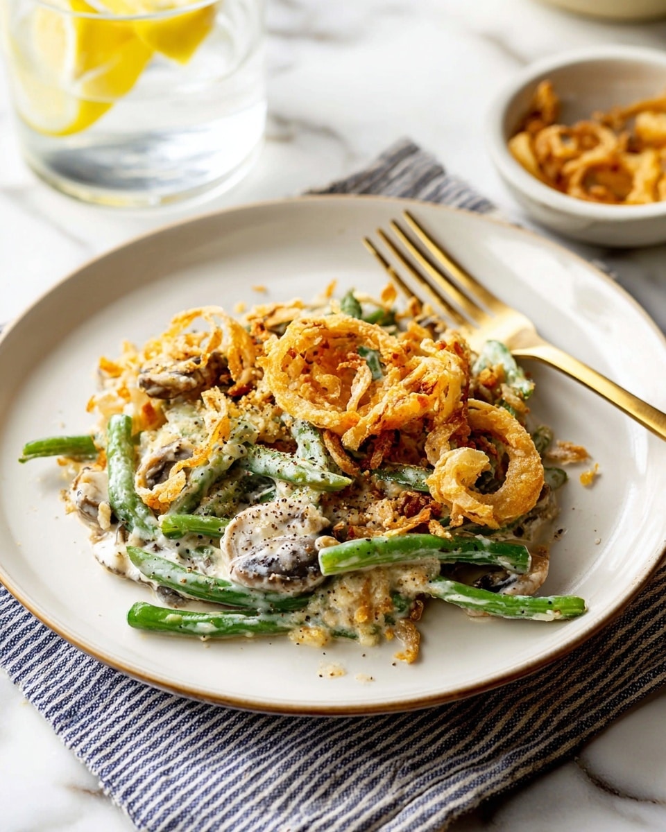 A white round plate holds a serving of green bean casserole with three main layers: the bottom layer has whole bright green beans, the middle layer is creamy with light beige sauce mixed with soft mushroom slices in muted brown, and the top layer has crispy, curly fried onions in golden brown scattered unevenly. The casserole is garnished with a light sprinkle of ground black pepper on top. A gold fork rests on the edge of the plate, with the tines touching the food. The scene is set on a white marbled surface with a striped blue and white cloth partially visible under the plate, and in the blurry background, there is a clear glass of water with a yellow lemon slice and a small white bowl with more fried onions. The lighting is soft and natural, highlighting the colors and textures of the dish clearly. photo taken with an iphone --ar 4:5 --v 7