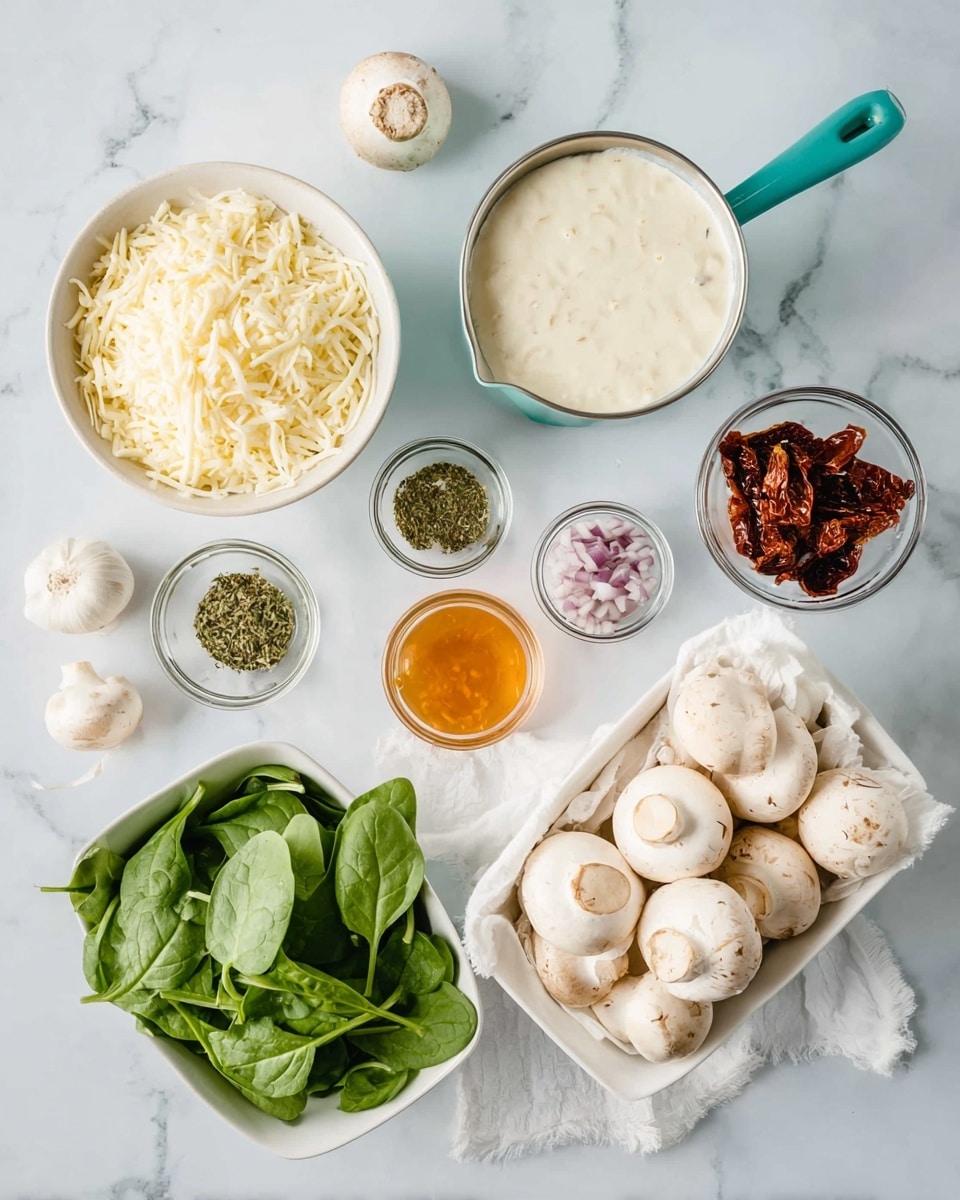 The image shows many cooking ingredients arranged on a white marbled surface. At the top left is a white bowl filled with finely shredded light yellow cheese. Next to it, slightly to the right and above the center, is a metal cup with a turquoise handle filled with creamy white sauce. Below this cup, there is a small clear bowl with chopped red onions. To the right of the onion bowl, a white measuring cup holds dark red sun-dried tomatoes. Below and slightly to the right of these is a small glass bowl with green dried herbs and another small glass bowl filled with an orange liquid with visible herbs in it. On the bottom right, a white rectangular bowl is lined with white cloth and filled with whole white mushrooms. On the bottom left side, there is a white bowl full of fresh green spinach leaves and basil leaves scattered around with three garlic cloves near them. Photo taken with an iphone --ar 4:5 --v 7